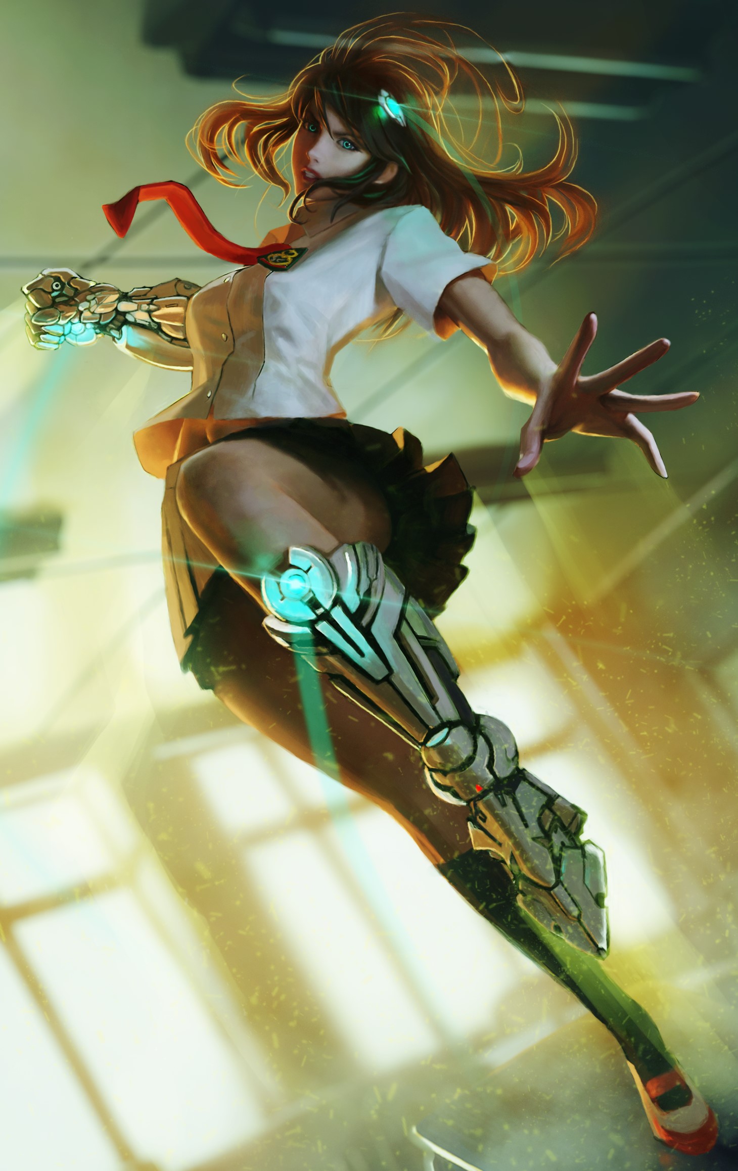 Cyborg woman in school uniform with mechanical limbs HD Phone Wallpaper