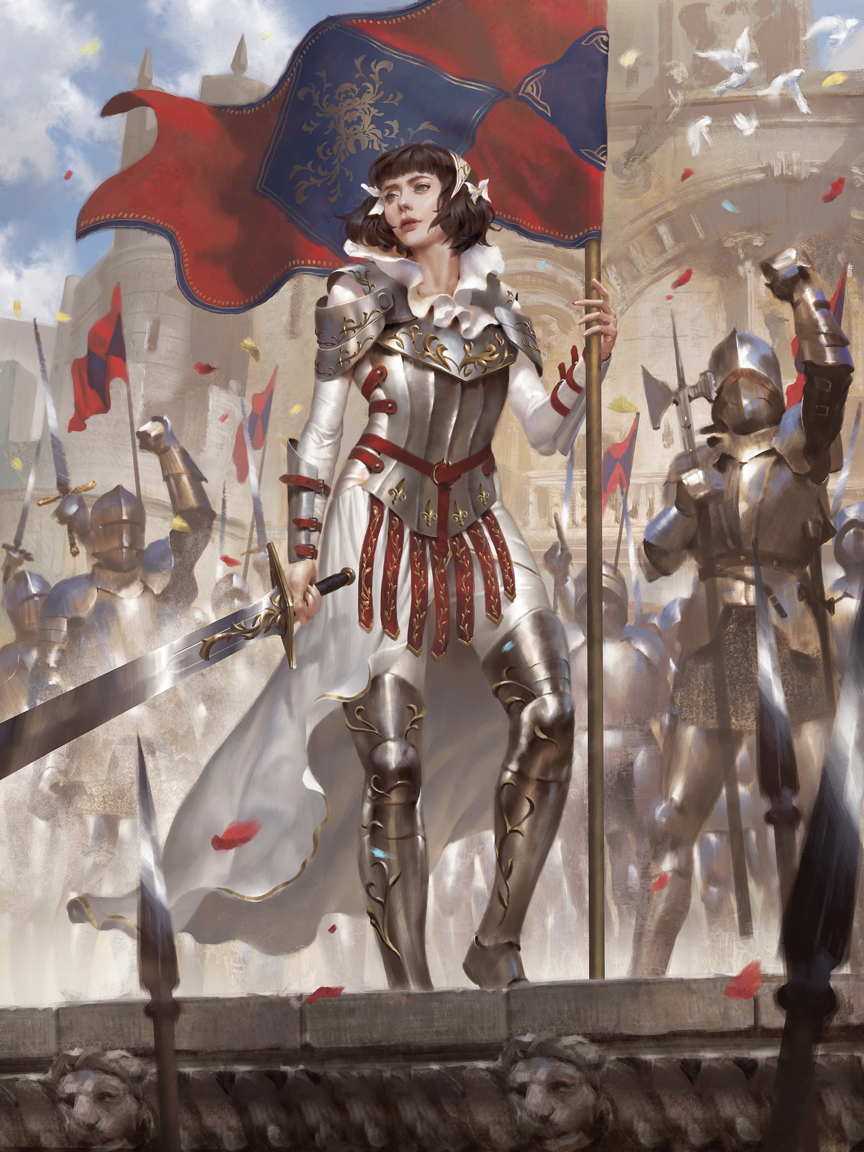Woman in armor holding a flag and sword HD Phone Wallpaper