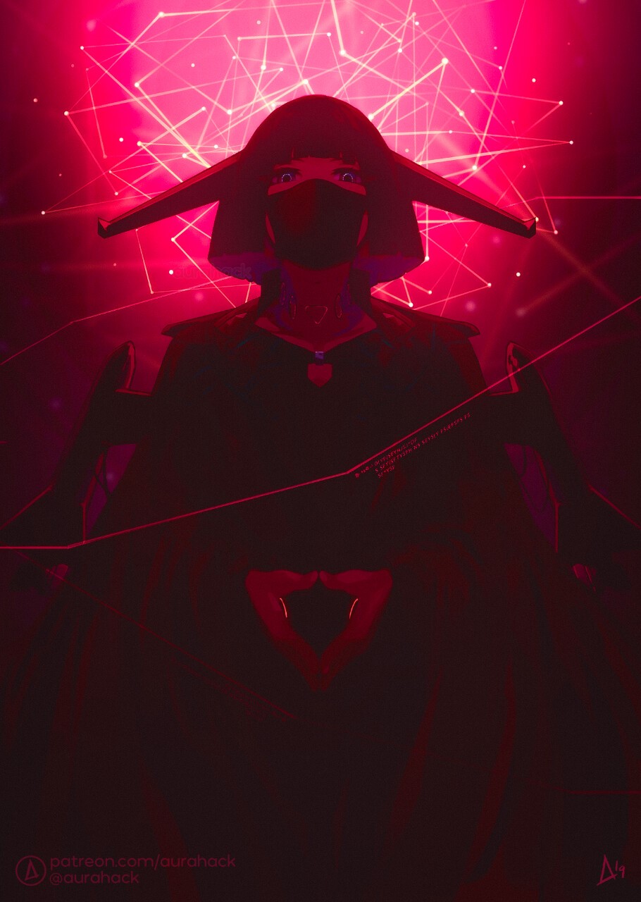 Artwork of a masked anime girl with a red background HD Phone Wallpaper