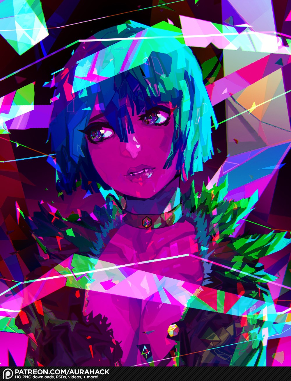 Anime girl with blue hair and colorful geometric shards HD Phone Wallpaper