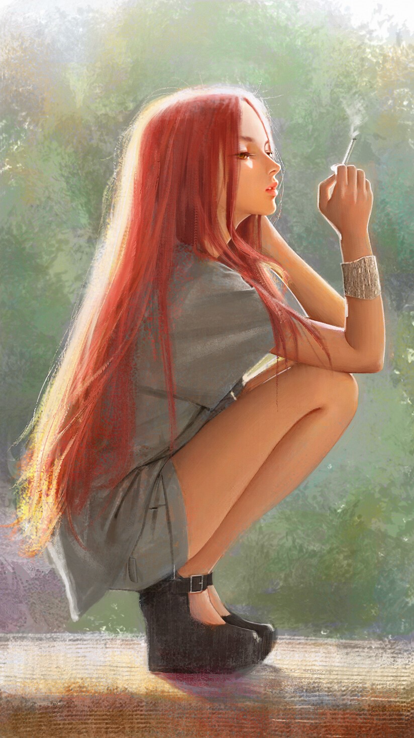 Anime girl with red hair smoking HD Phone Wallpaper