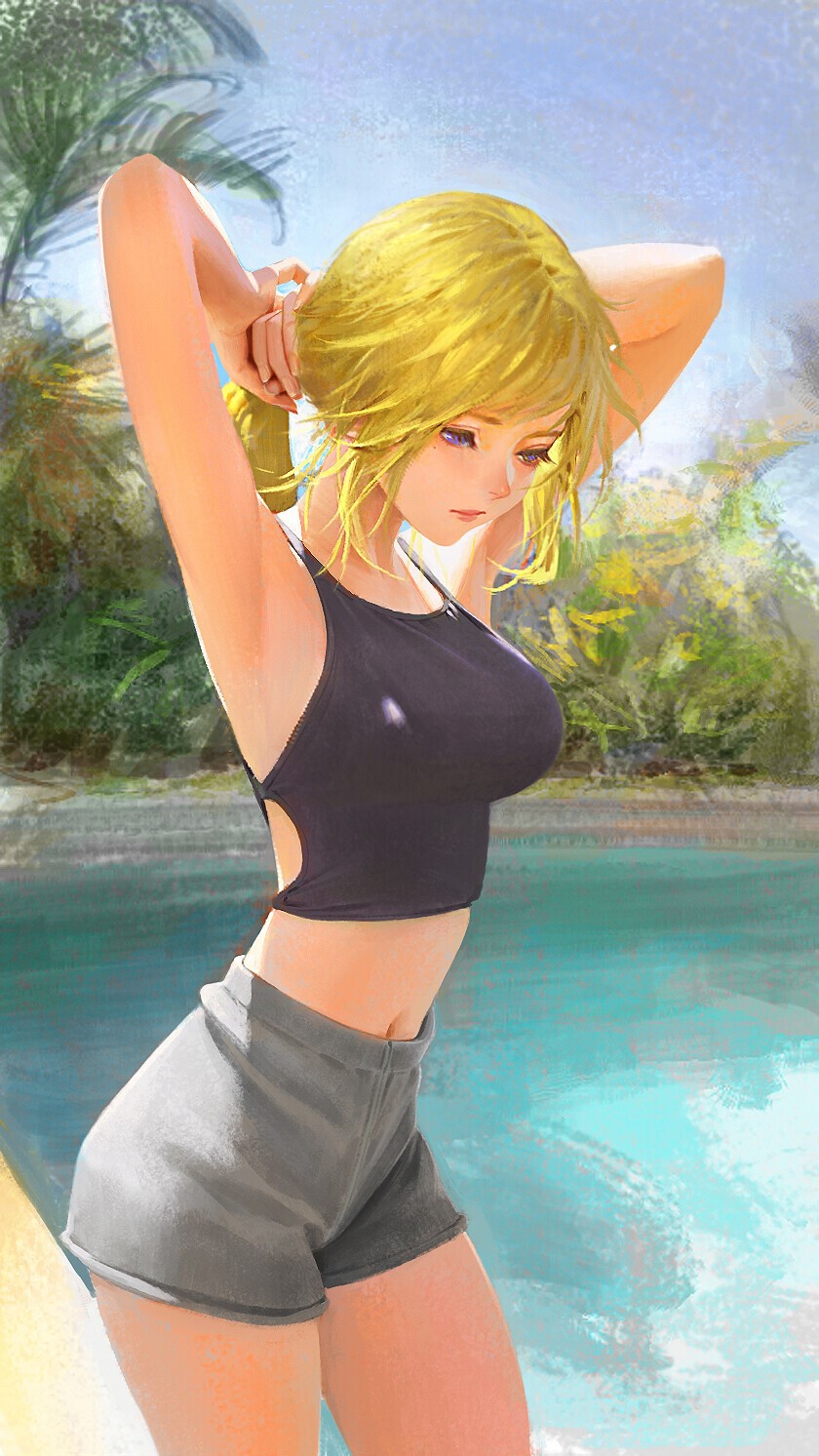 Anime girl with blonde hair tying her ponytail HD Phone Wallpaper