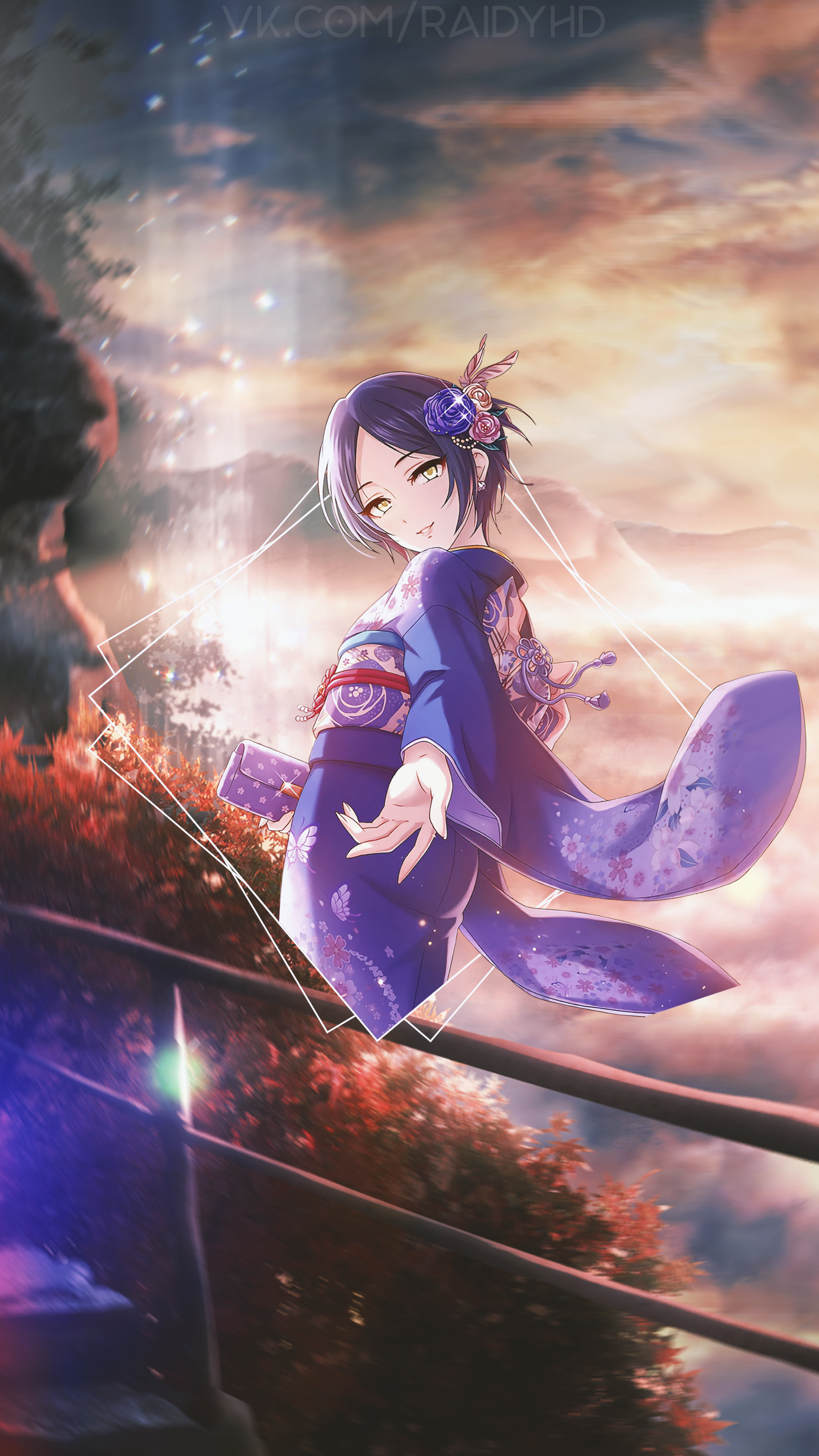 Anime girl in kimono with flowers HD Phone Wallpaper