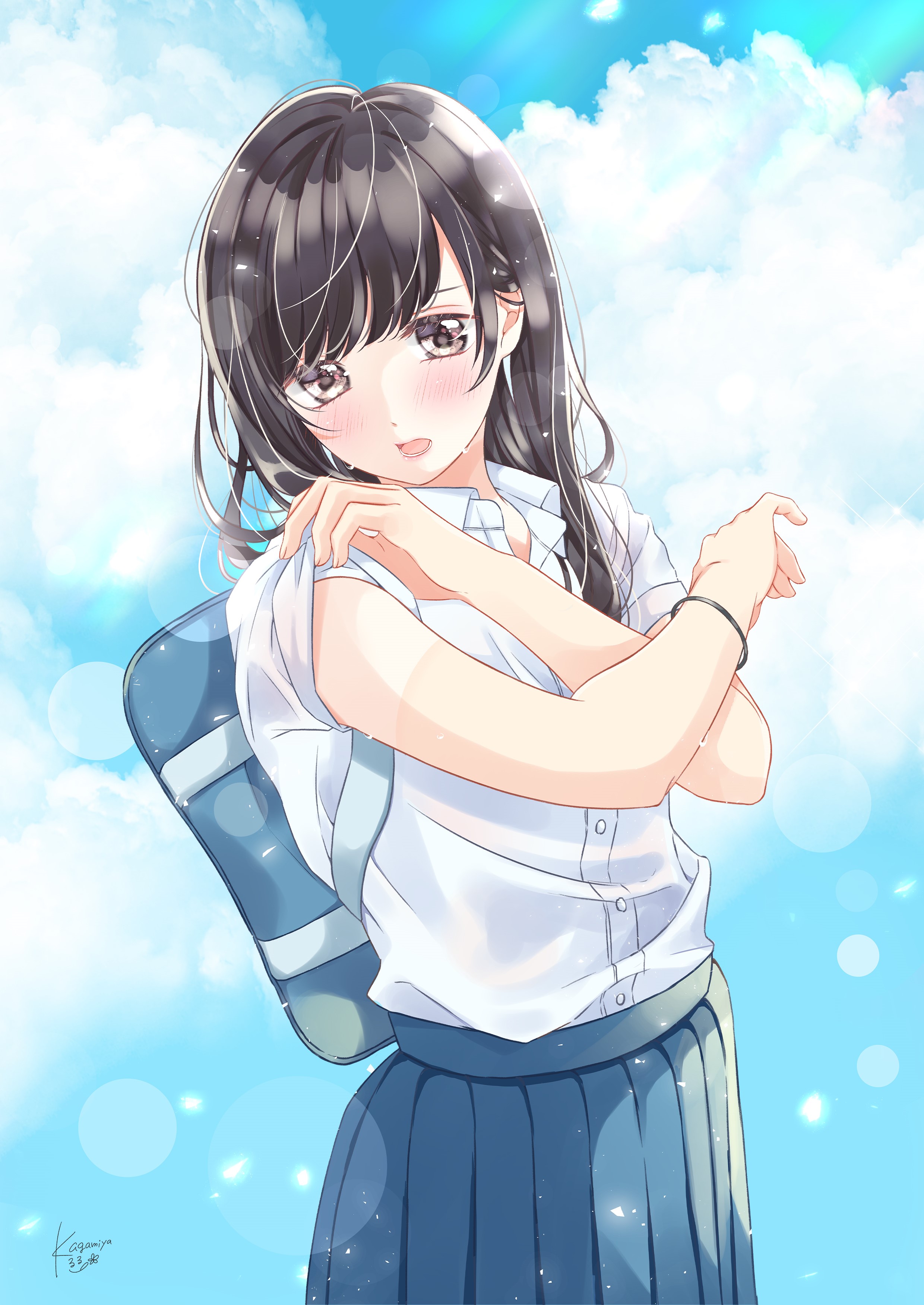 Anime girl in school uniform with backpack under sky HD Phone Wallpaper