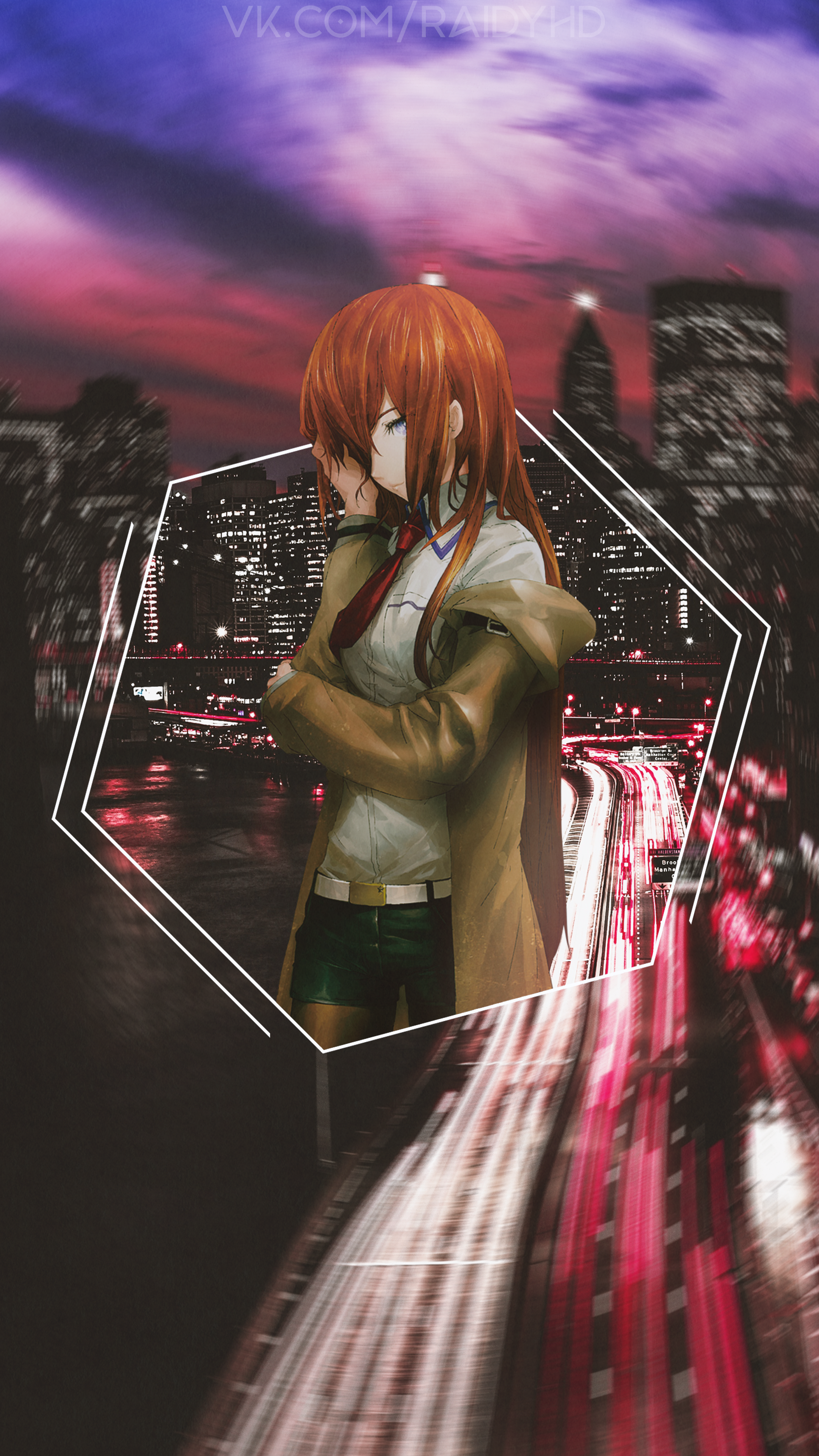 Makise Kurisu from Steins;Gate in a city at night HD Phone Wallpaper