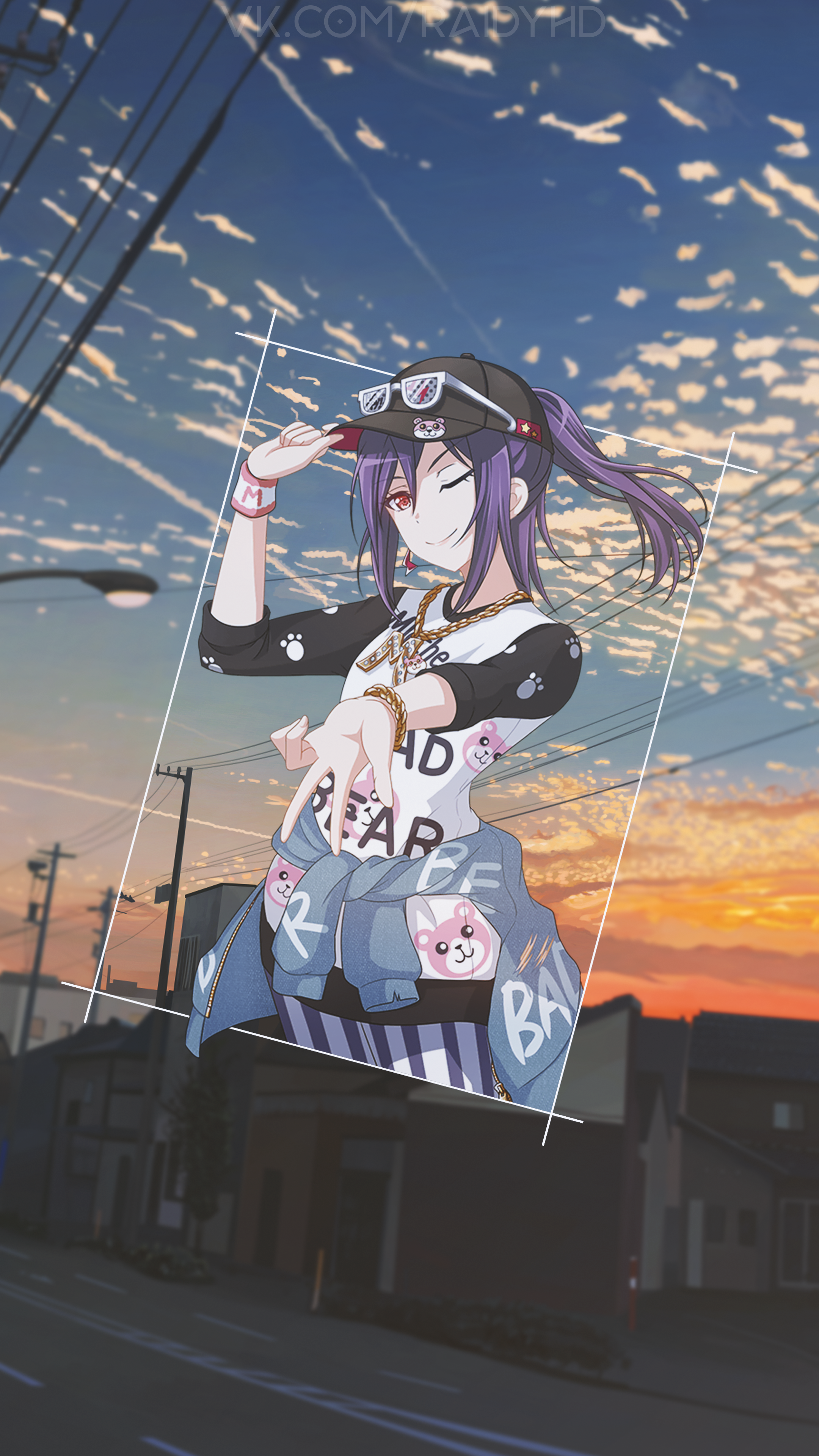 Anime girl with purple hair wearing a hat and sunglasses HD Phone Wallpaper