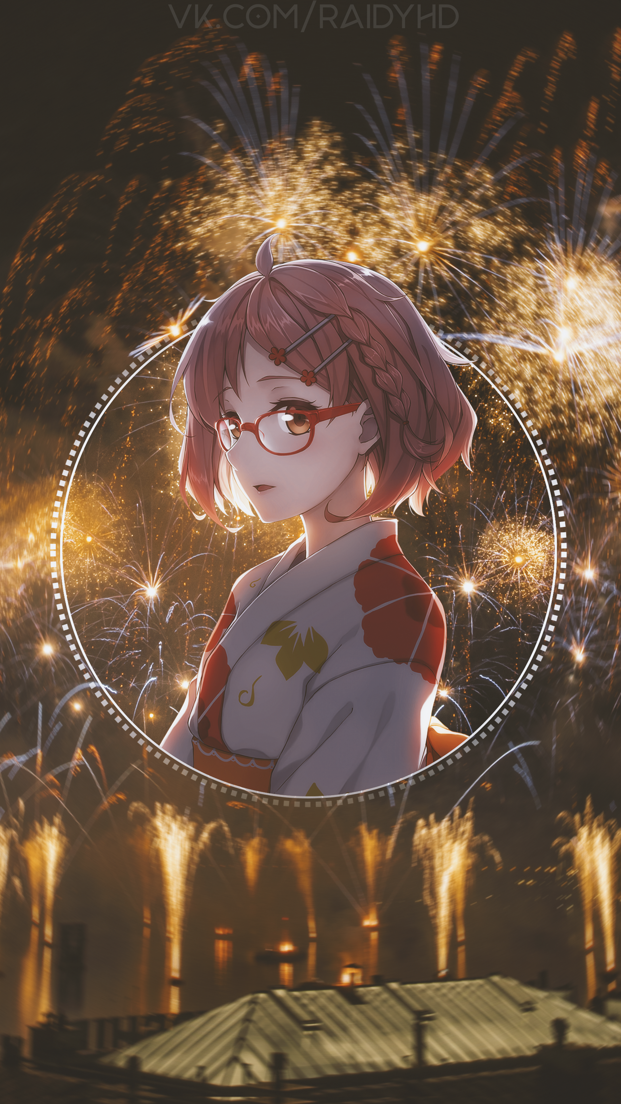 Anime girl in kimono with fireworks HD Phone Wallpaper