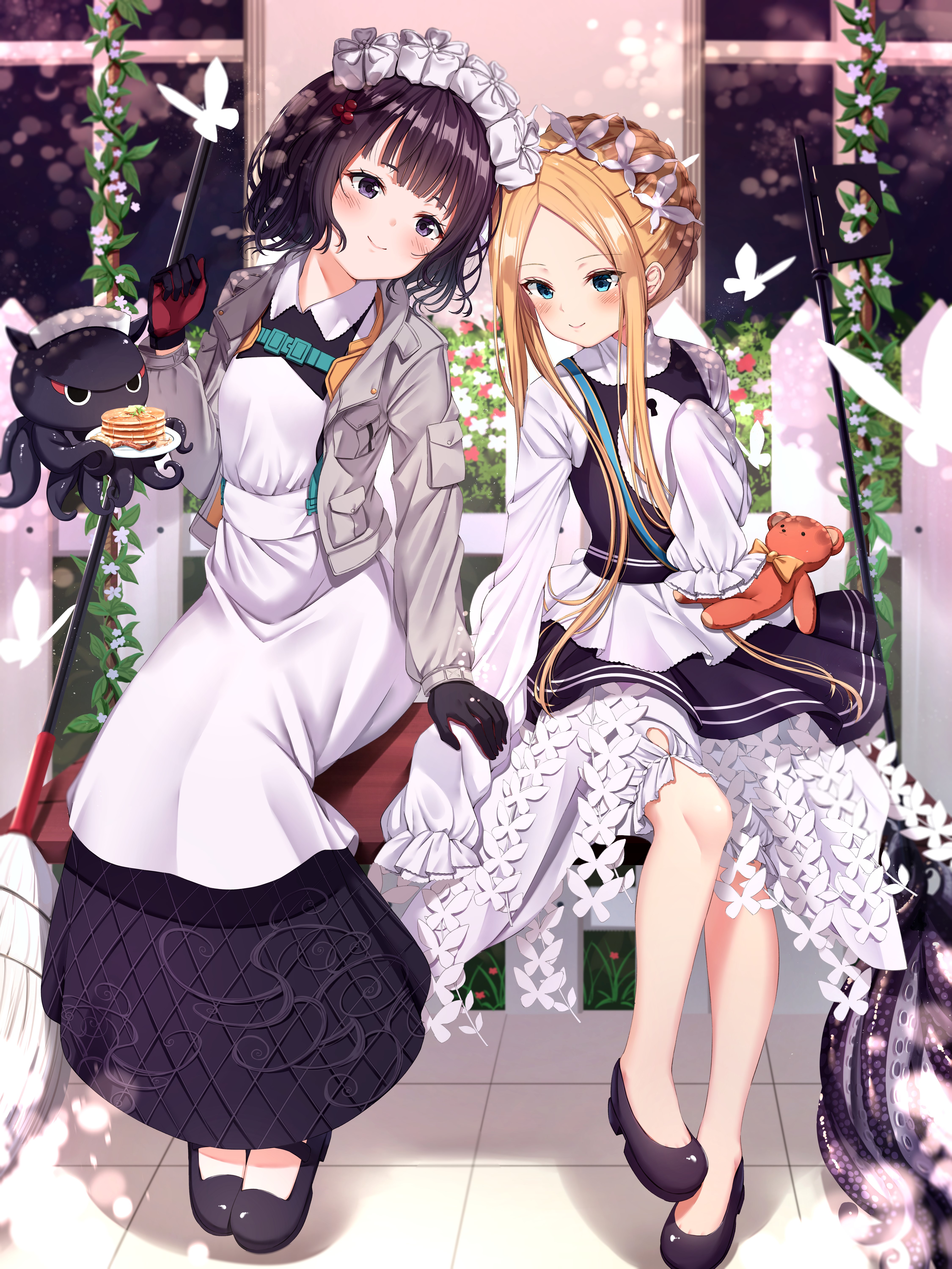 Two anime girls in maid outfits with a small octopus and teddy bear HD Phone Wallpaper