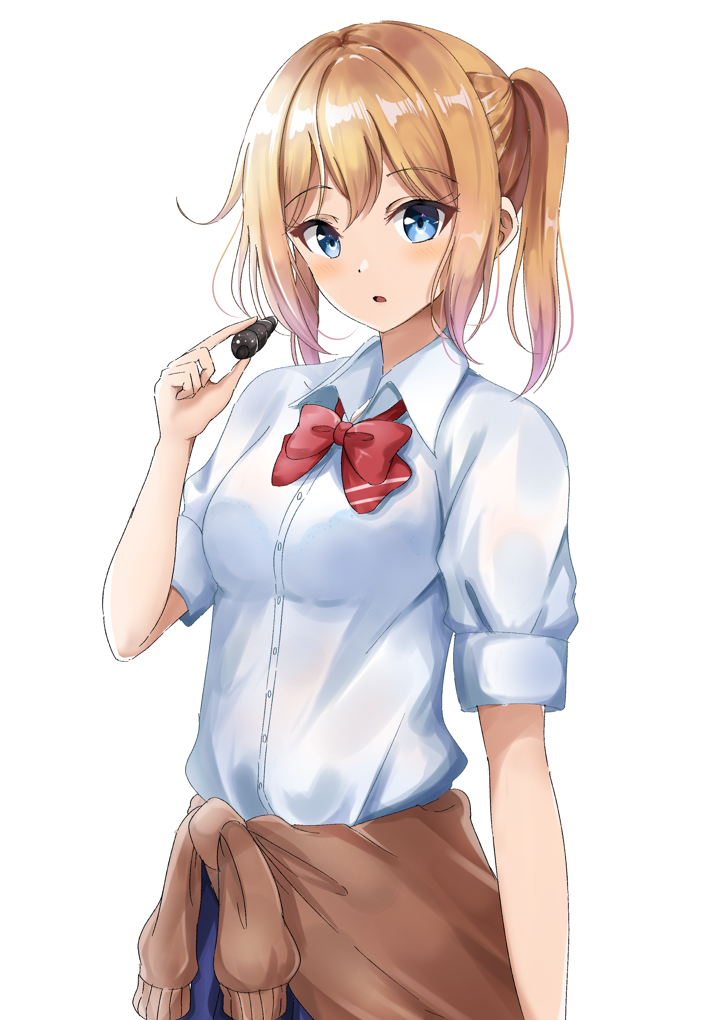 Anime girl with blonde hair holding a black object HD Phone Wallpaper