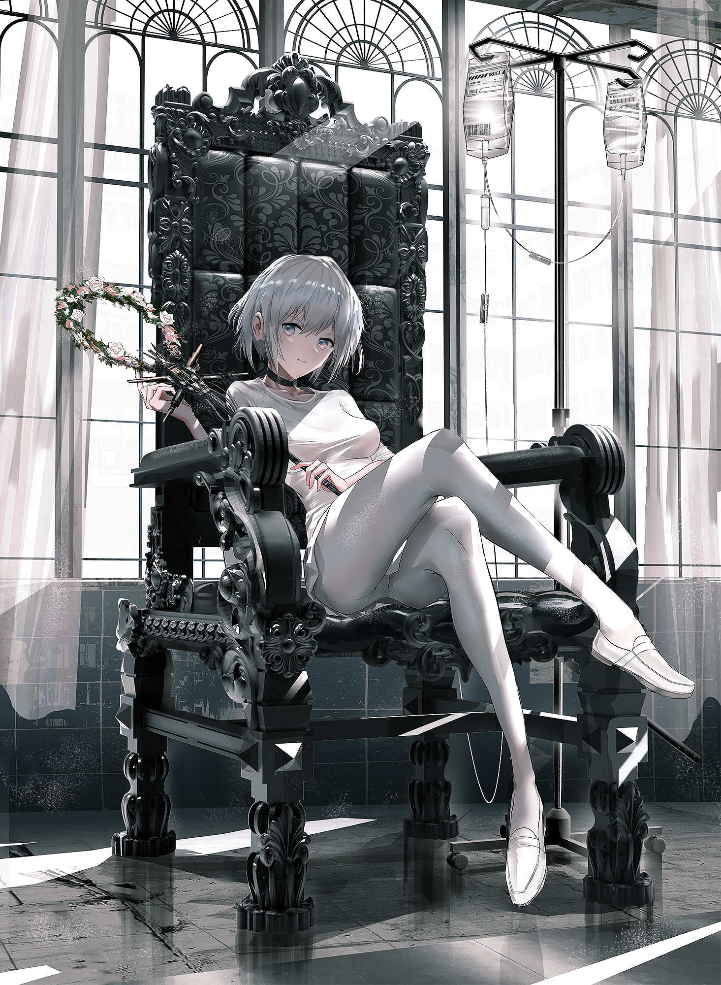 Anime girl with short white hair sitting on a throne HD Phone Wallpaper