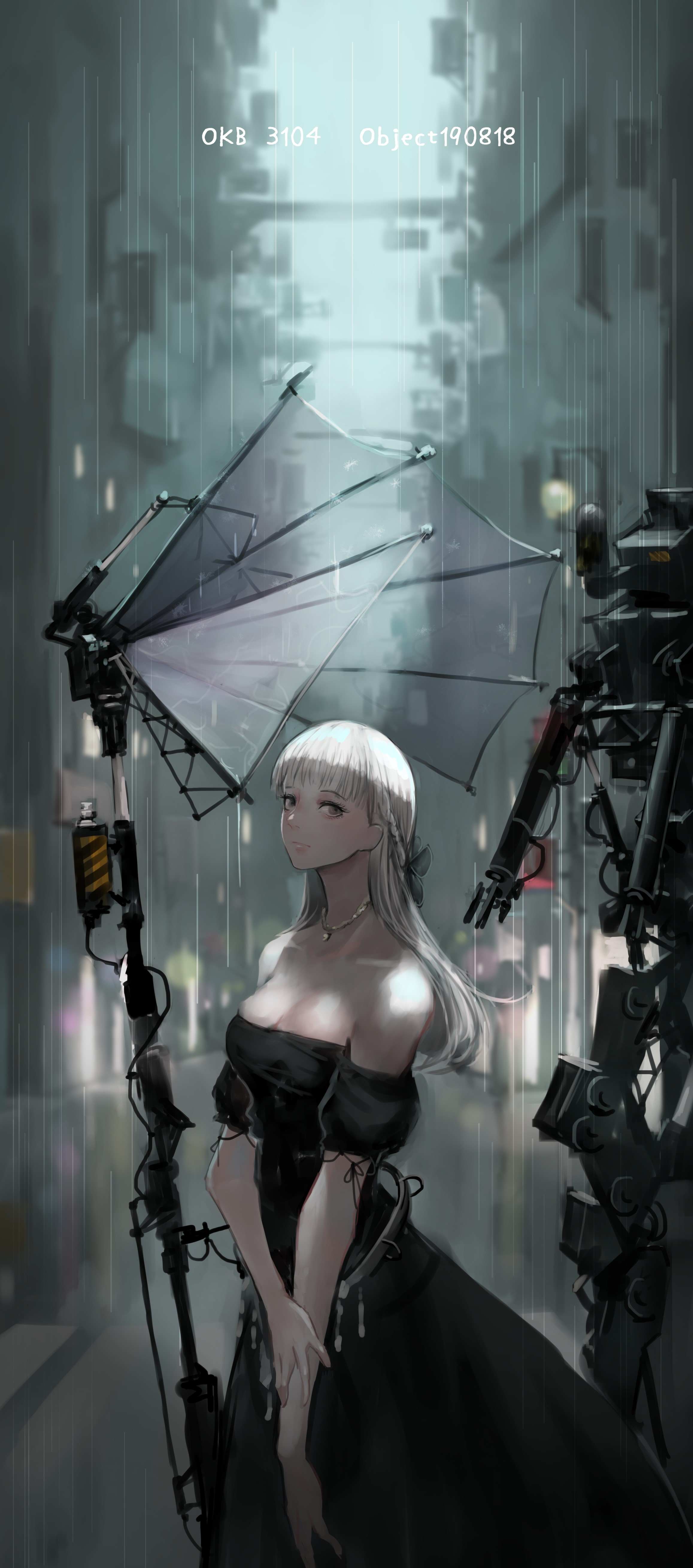 Anime girl with umbrella and robot in rain HD Phone Wallpaper