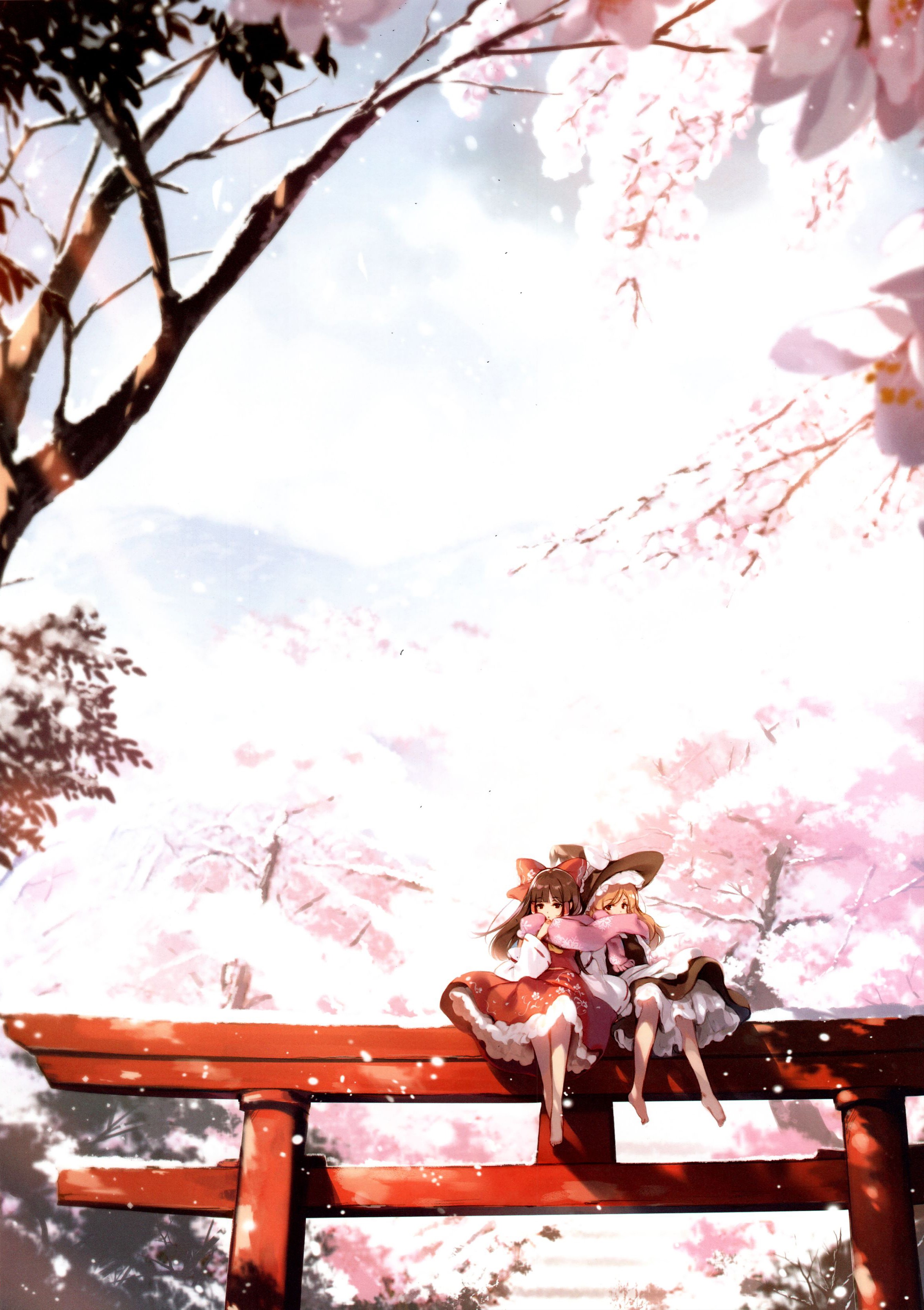 Reimu and Marisa from Touhou sitting on a Torii gate HD Phone Wallpaper