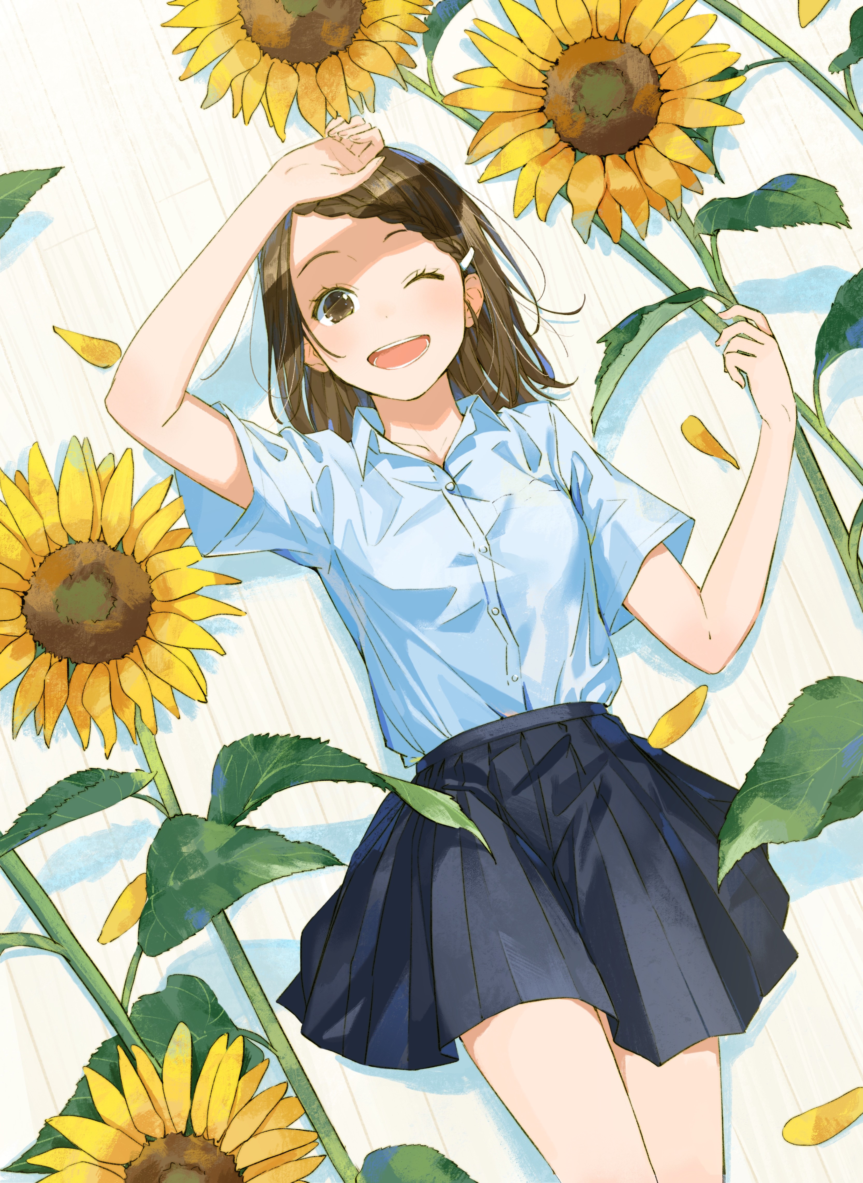 Anime girl lying down with sunflowers HD Phone Wallpaper
