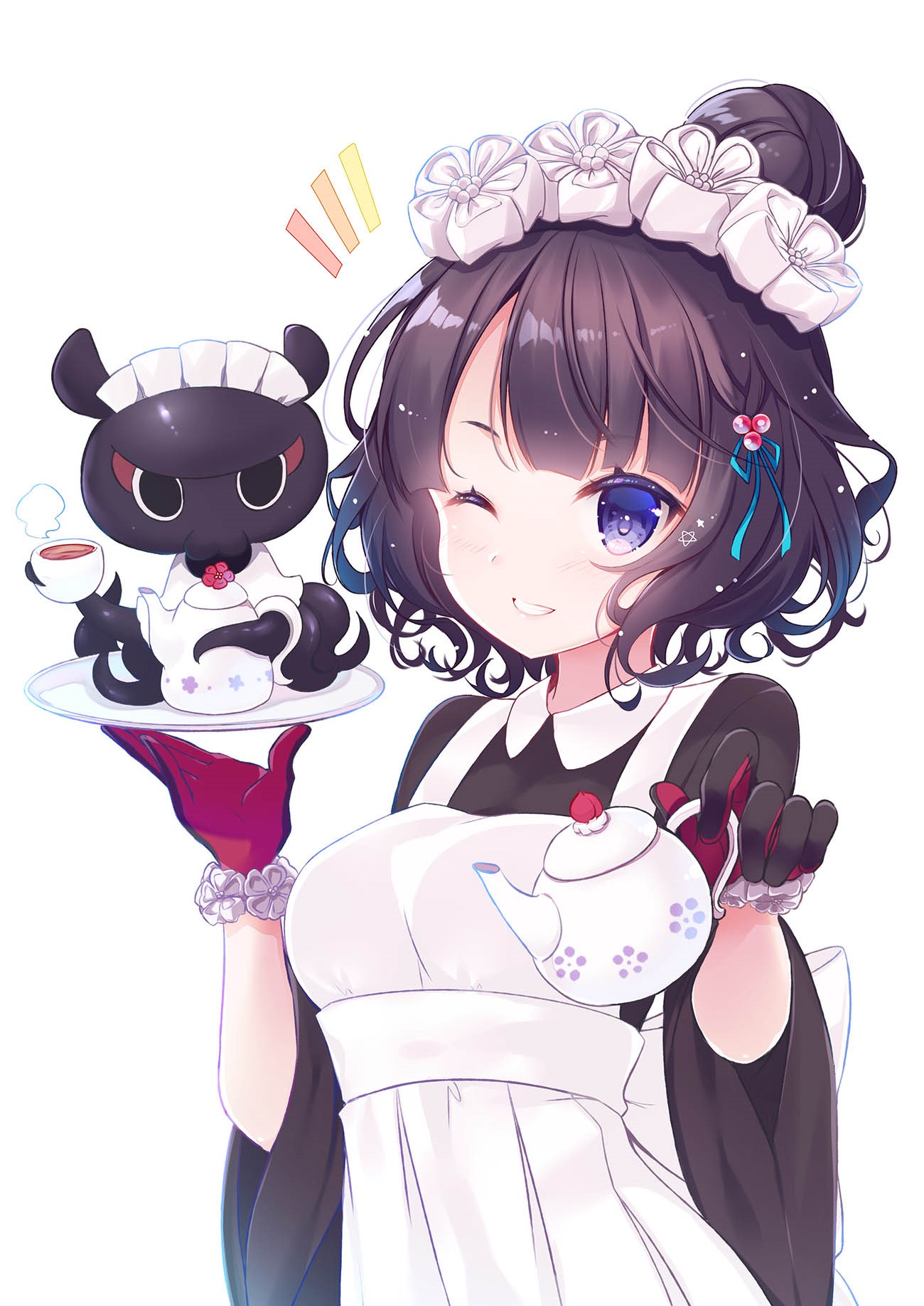 Anime girl in maid outfit with a creature serving tea HD Phone Wallpaper