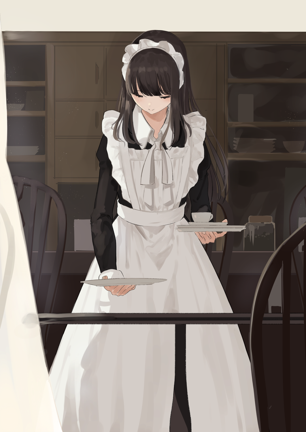Anime Maid Serving Drinks on Trays HD Phone Wallpaper