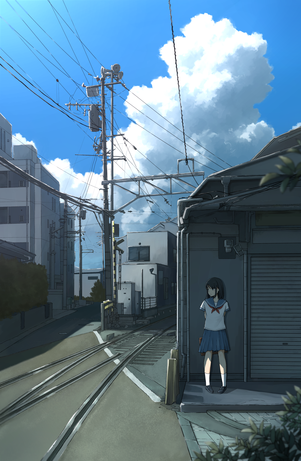 Anime artwork of a girl by train tracks HD Phone Wallpaper
