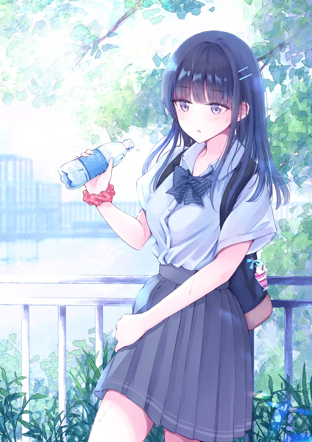 Anime girl in school uniform holding a water bottle HD Phone Wallpaper
