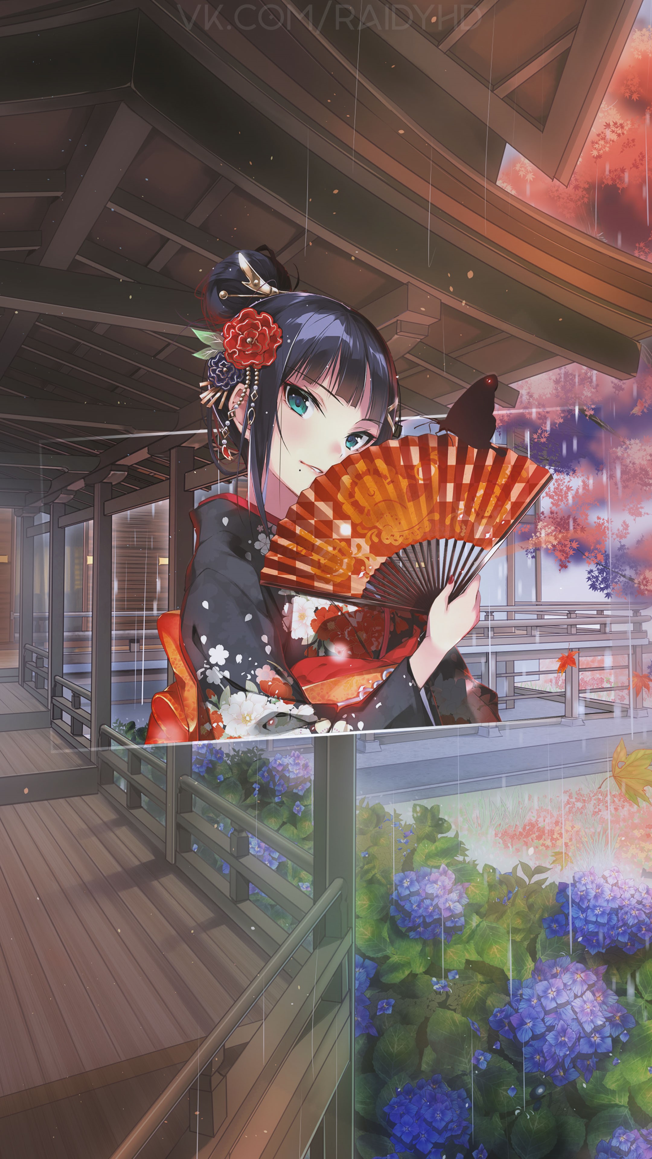 Anime girl in kimono holding a fan in the rain HD Phone Wallpaper