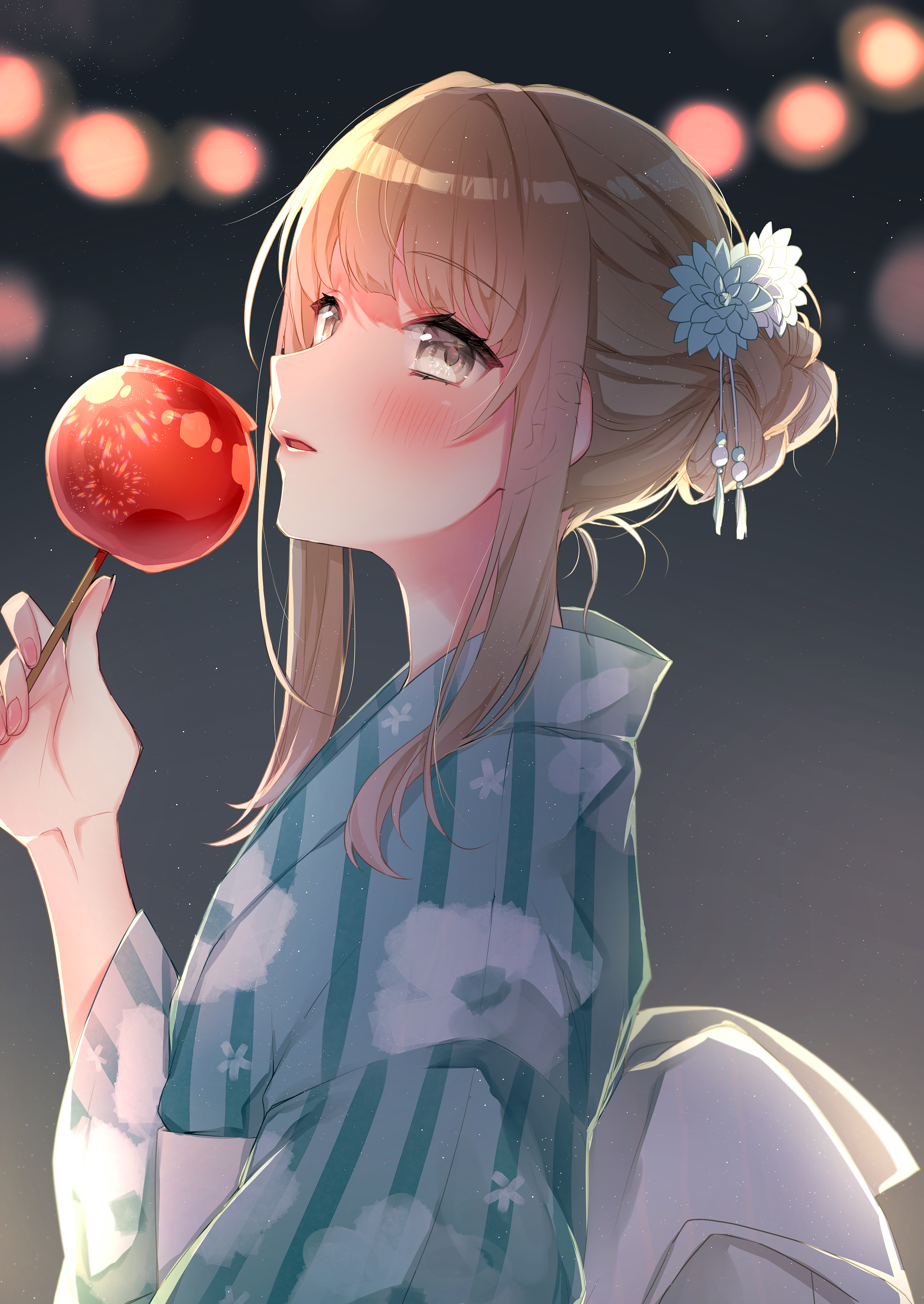 Anime girl in yukata eating candied apple HD Phone Wallpaper
