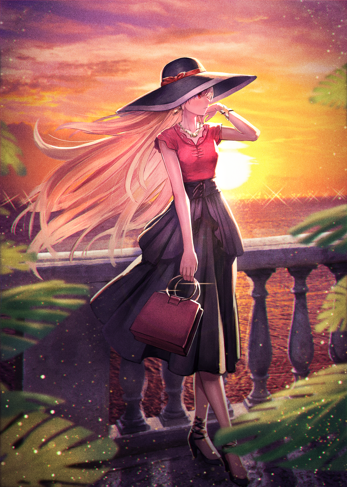 Anime girl in a hat and dress at sunset HD Phone Wallpaper