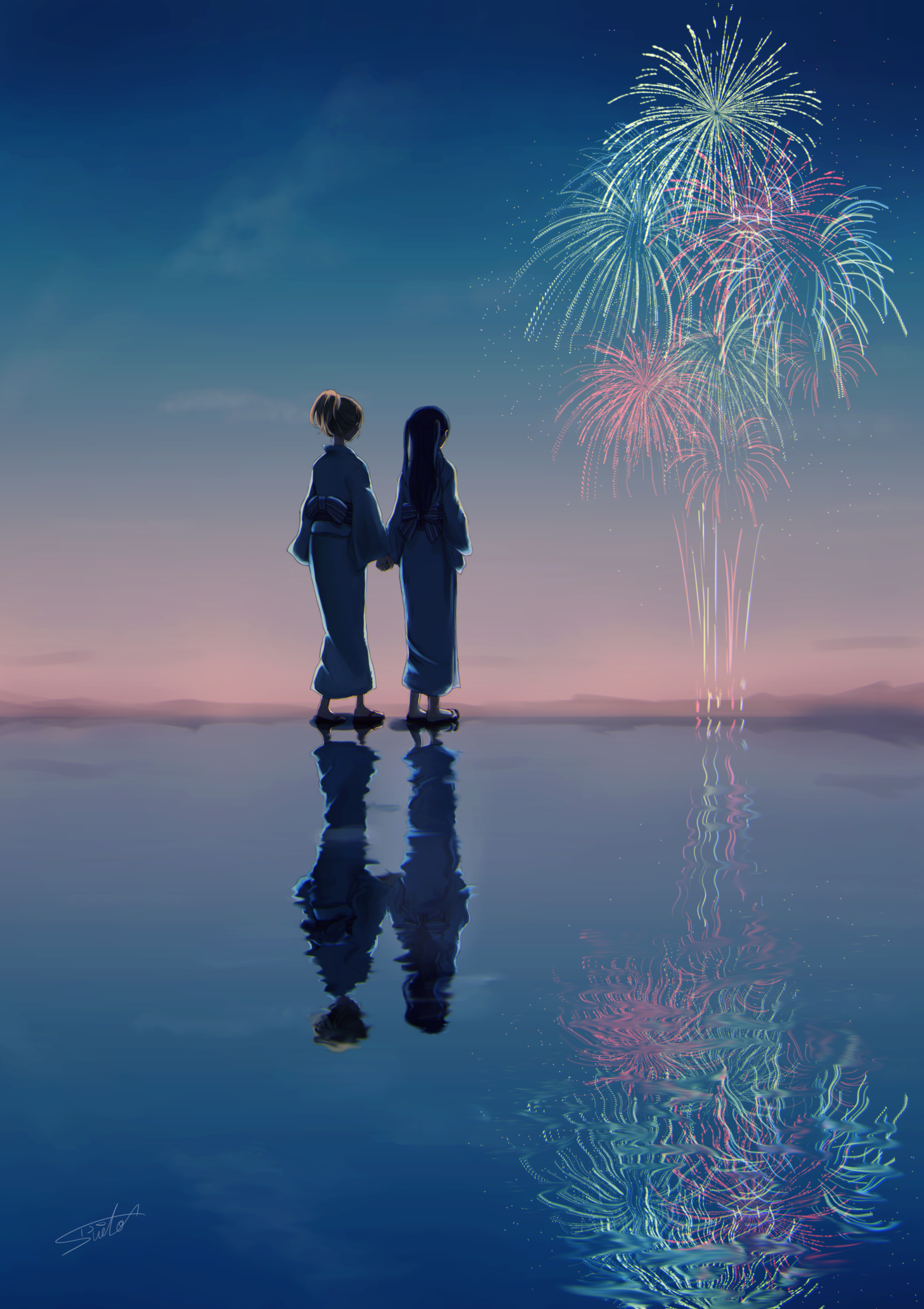 Anime girls in yukatas watching fireworks over water HD Phone Wallpaper