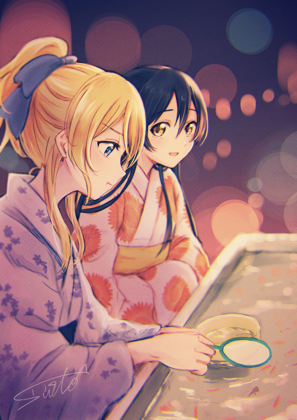 Two anime girls in yukatas at a festival HD Phone Wallpaper