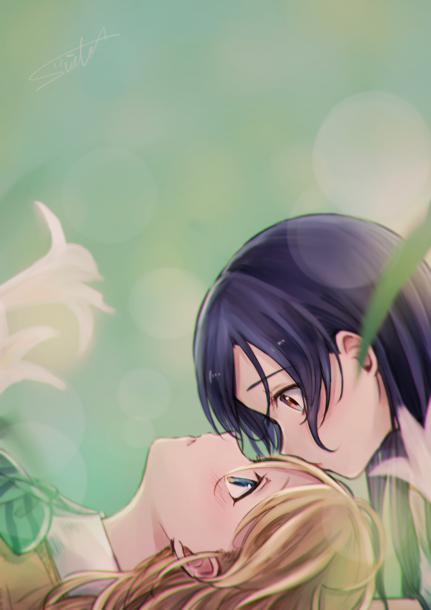 Anime girls in a field with flowers HD Phone Wallpaper