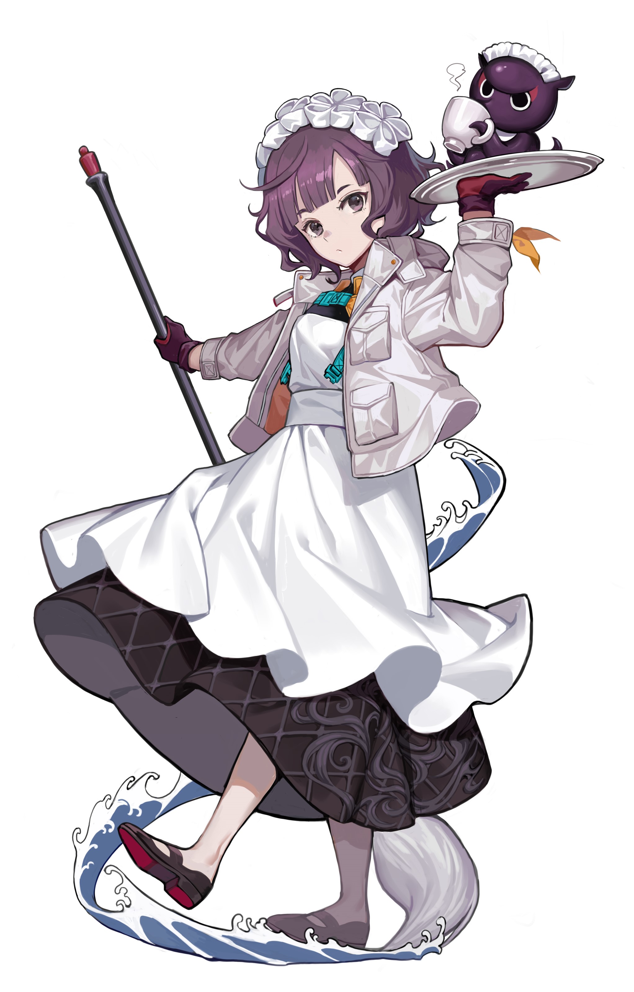 Anime girl in maid outfit holding a tray with a creature HD Phone Wallpaper