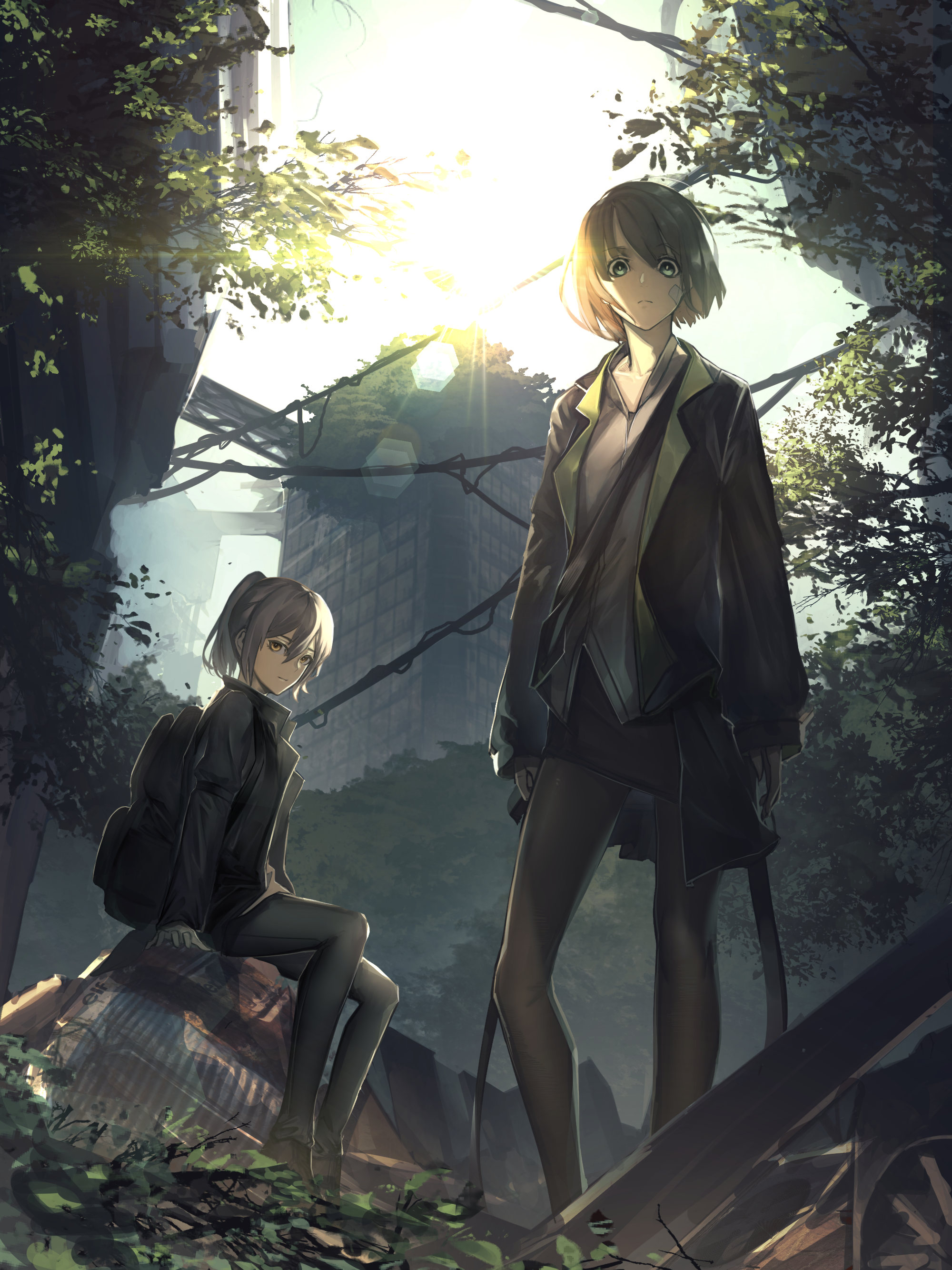 Two anime girls in a post-apocalyptic forest HD Phone Wallpaper