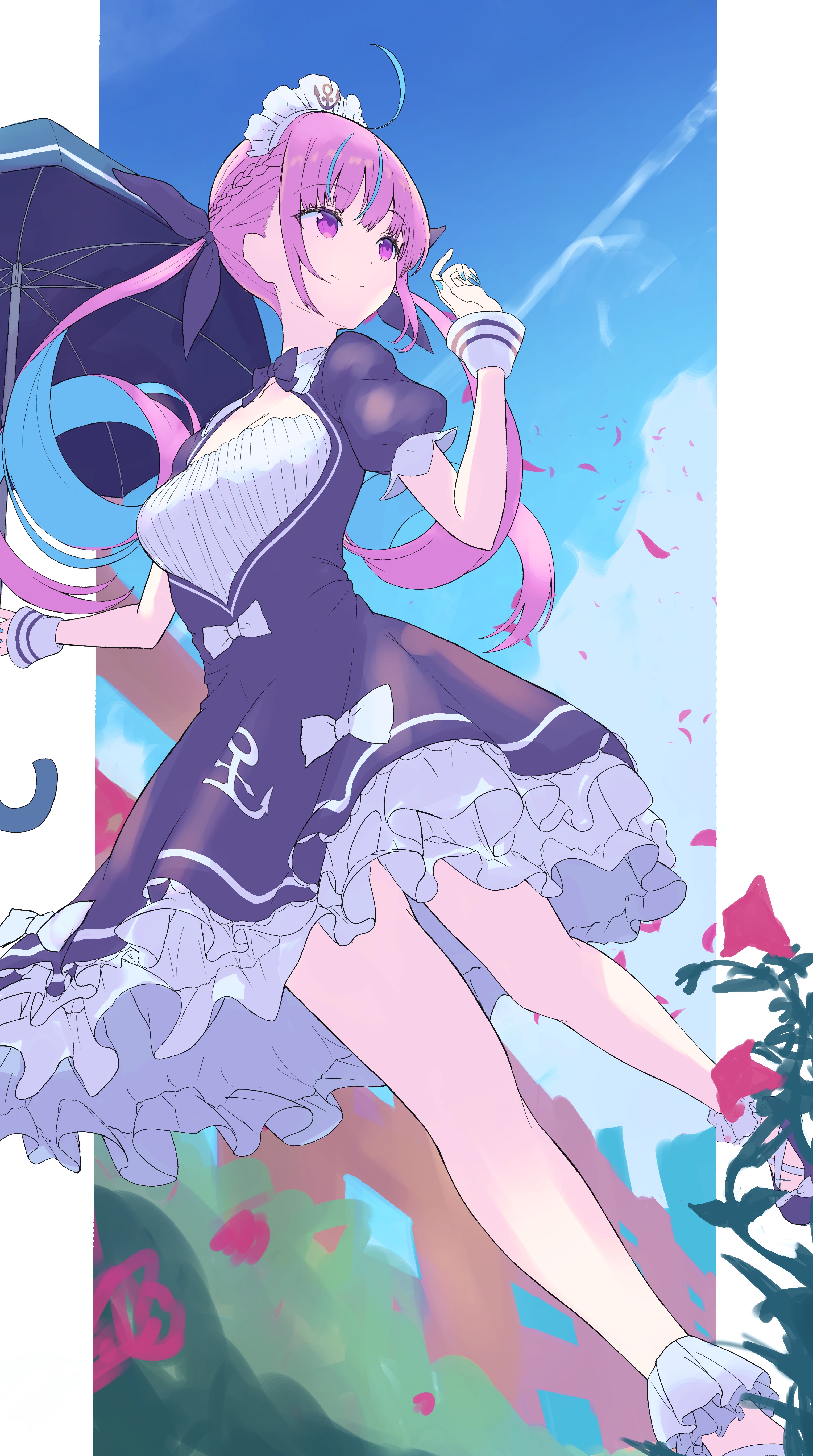 Anime girl with pink and blue hair holding an umbrella HD Phone Wallpaper
