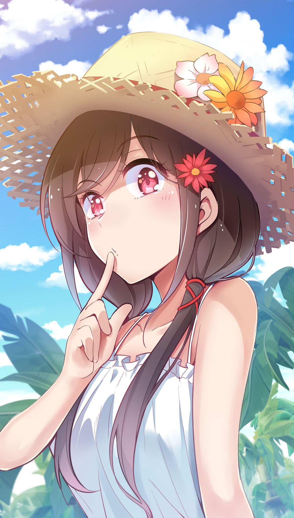 Anime girl with straw hat and flowers HD Phone Wallpaper