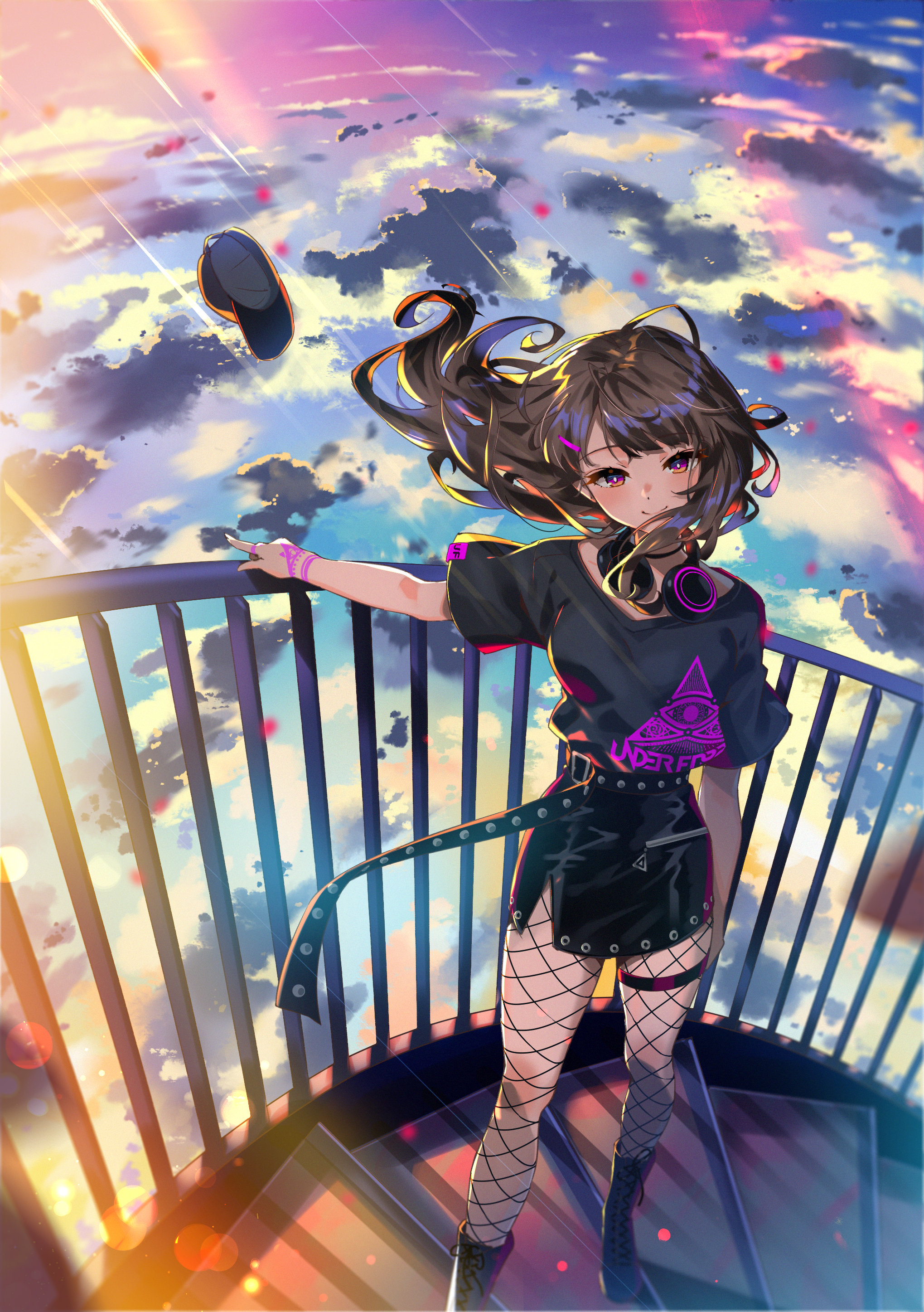 Anime girl with headphones on a balcony at sunset HD Phone Wallpaper