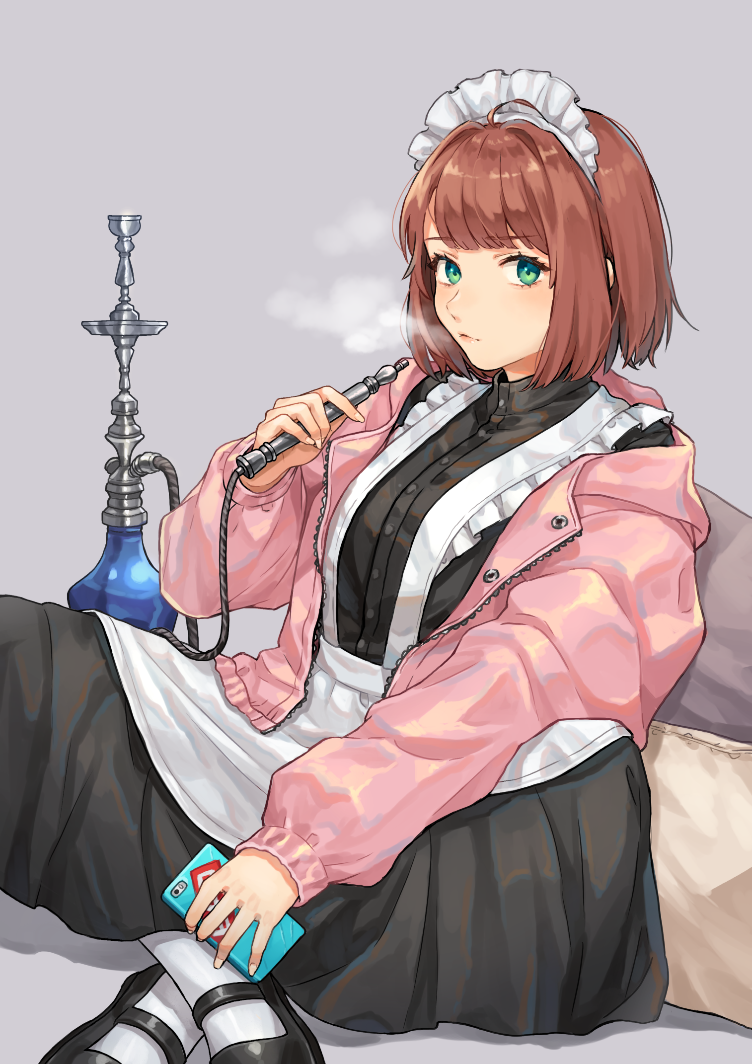 Anime girl in maid outfit smoking hookah HD Phone Wallpaper
