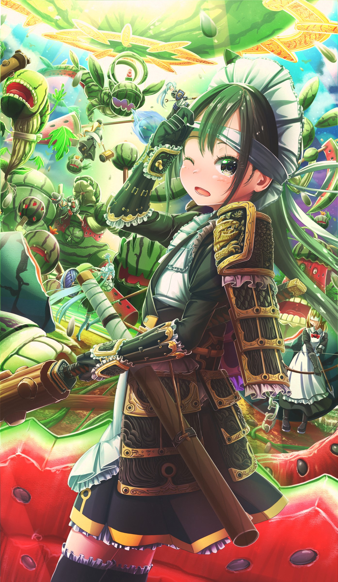 Anime girl in samurai maid outfit with watermelon monsters HD Phone Wallpaper