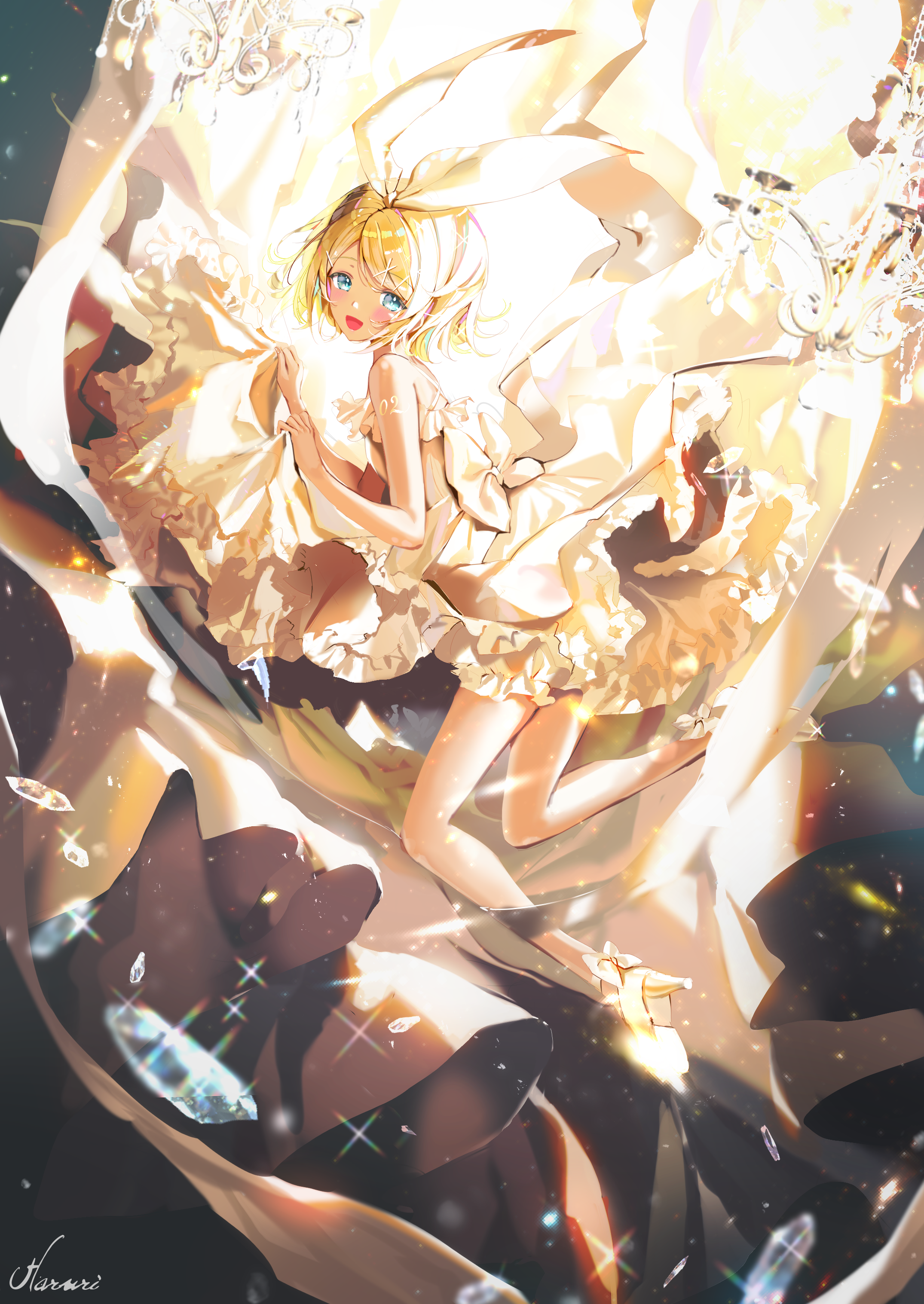 Anime girl in a flowing dress with crystals HD Phone Wallpaper