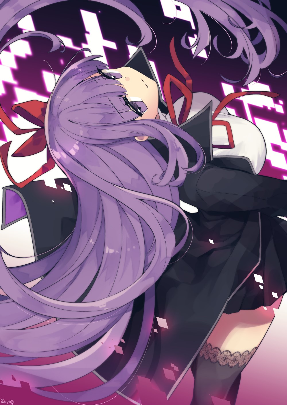 Anime girl with purple hair and red ribbons HD Phone Wallpaper