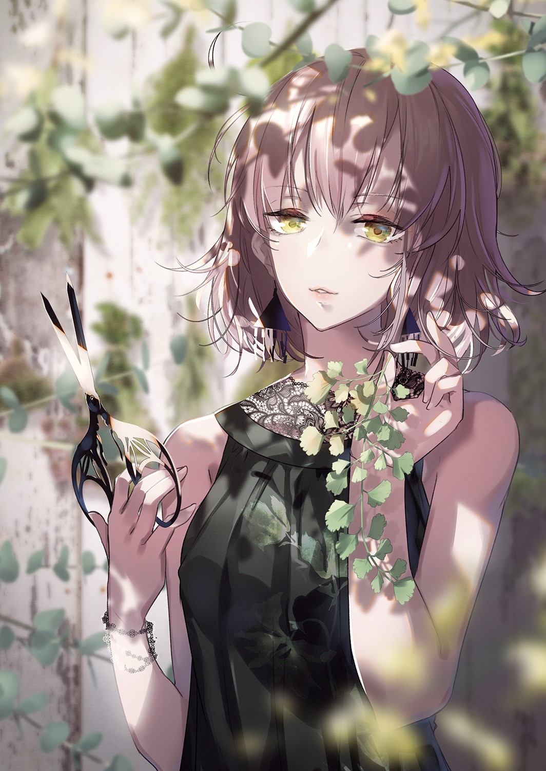 Anime girl with scissors and plants HD Phone Wallpaper