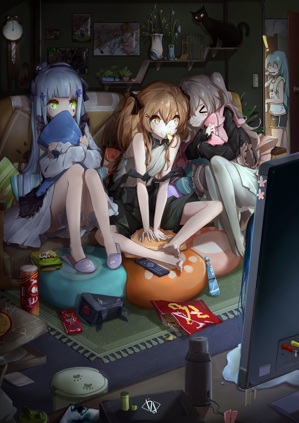 Anime girls watching TV with snacks HD Phone Wallpaper