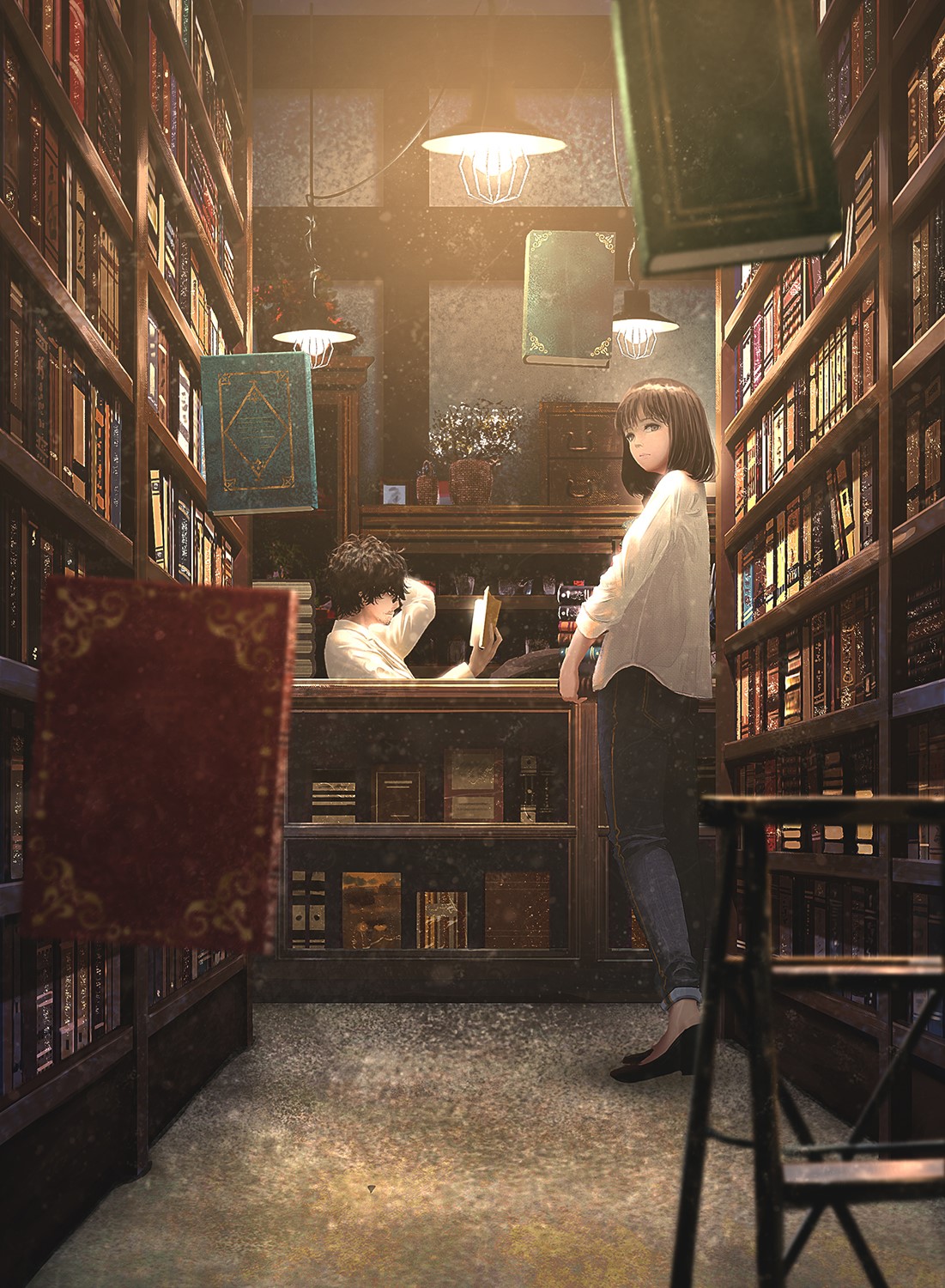 Anime girls in a library with floating books HD Phone Wallpaper