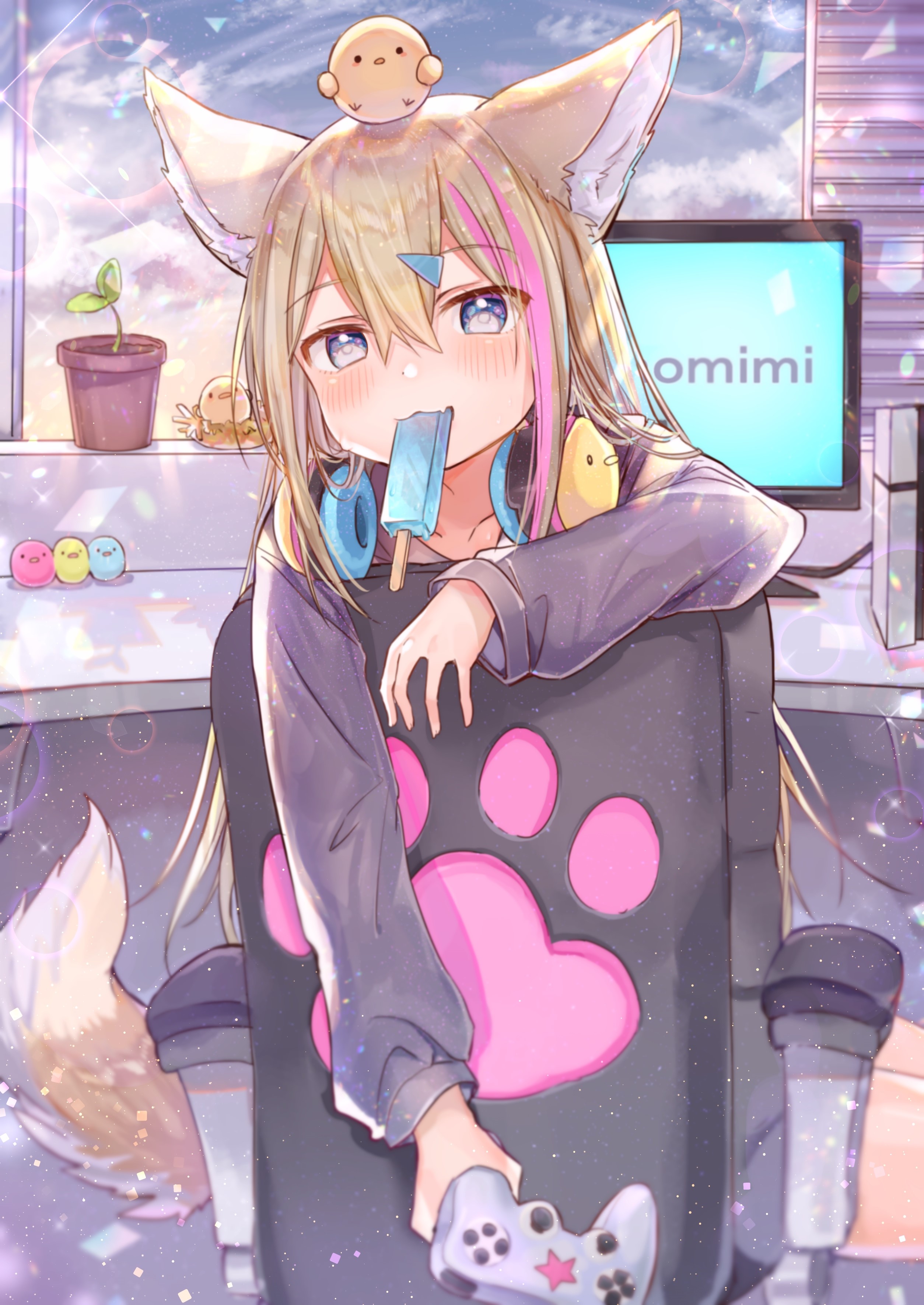 Anime girl with fox ears eating popsicle HD Phone Wallpaper