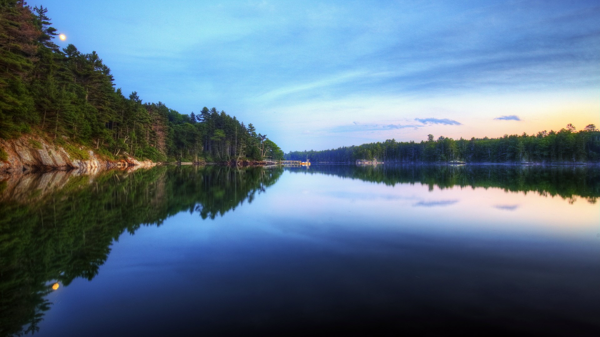Moonlit lake with pine forest and reflection HD Wallpaper