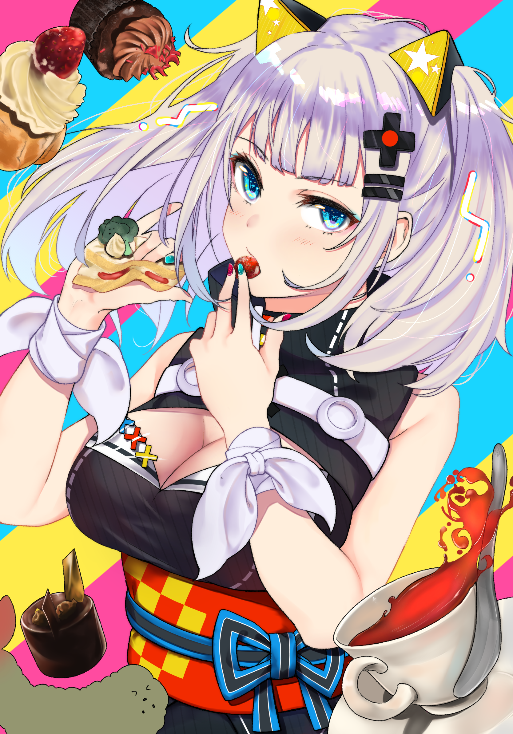 Anime girl eating sweets with colorful background HD Phone Wallpaper