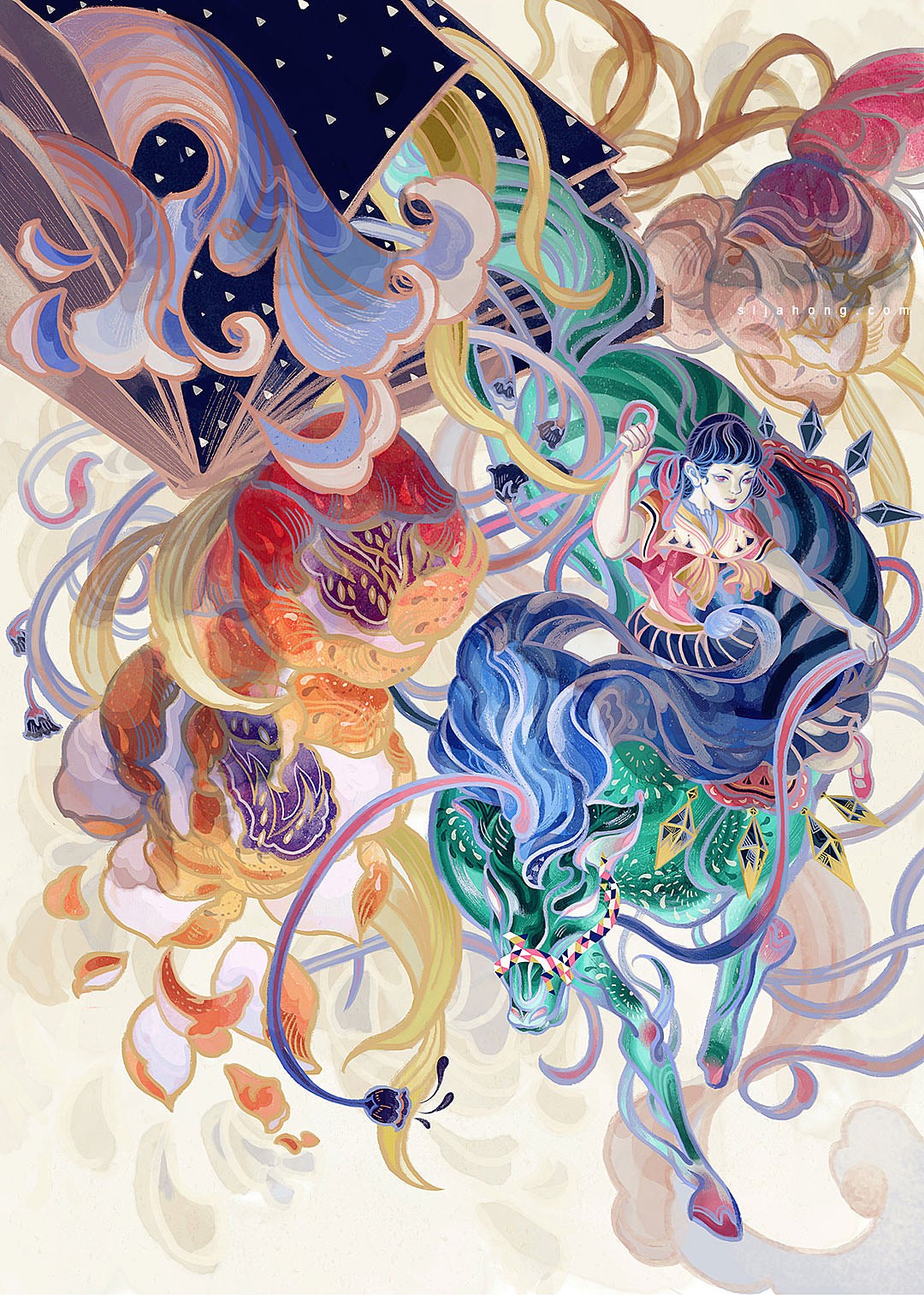 Woman riding a fantastical creature with flowing ribbons HD Phone Wallpaper