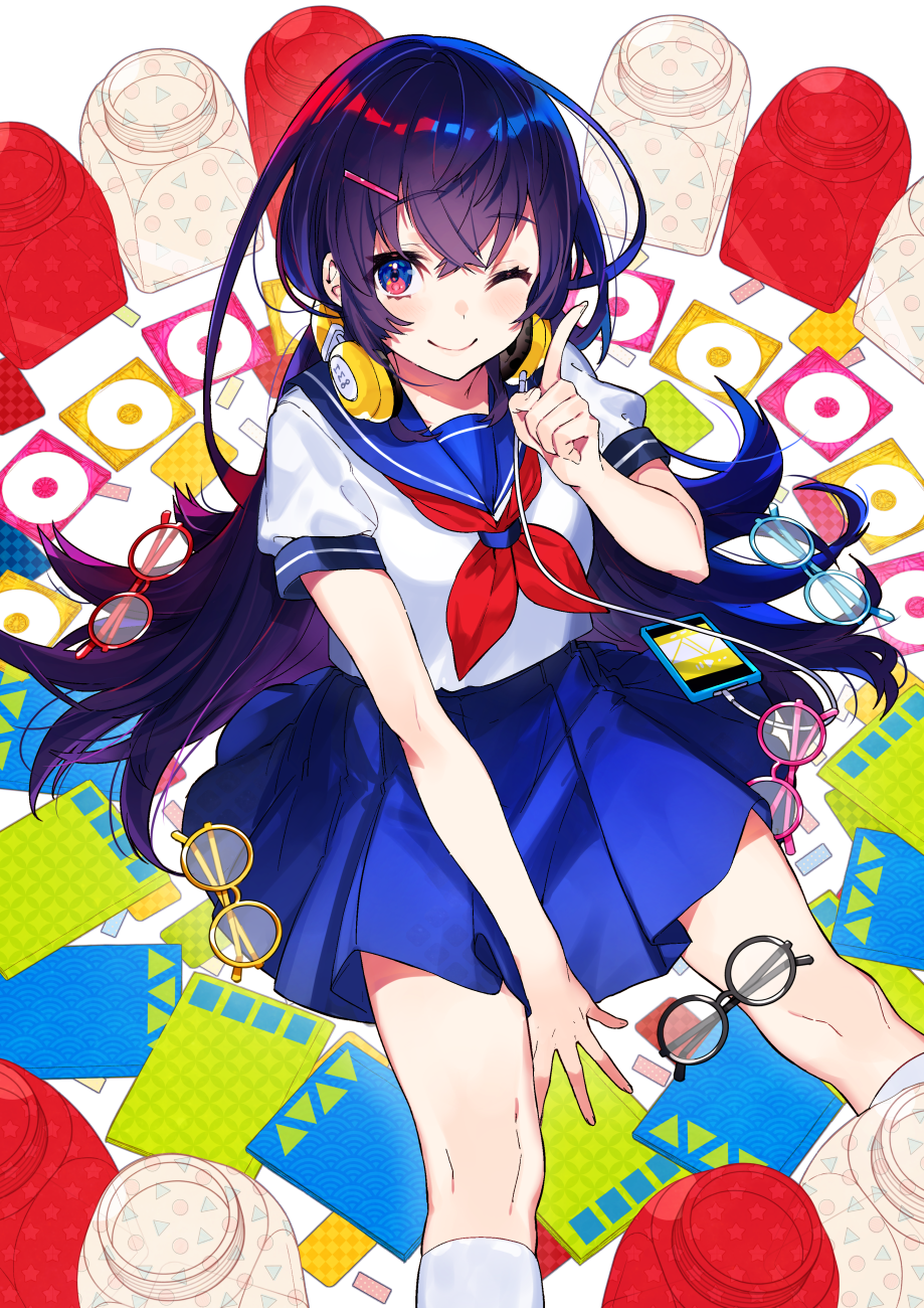 Anime girl in sailor uniform with headphones and glasses HD Phone Wallpaper