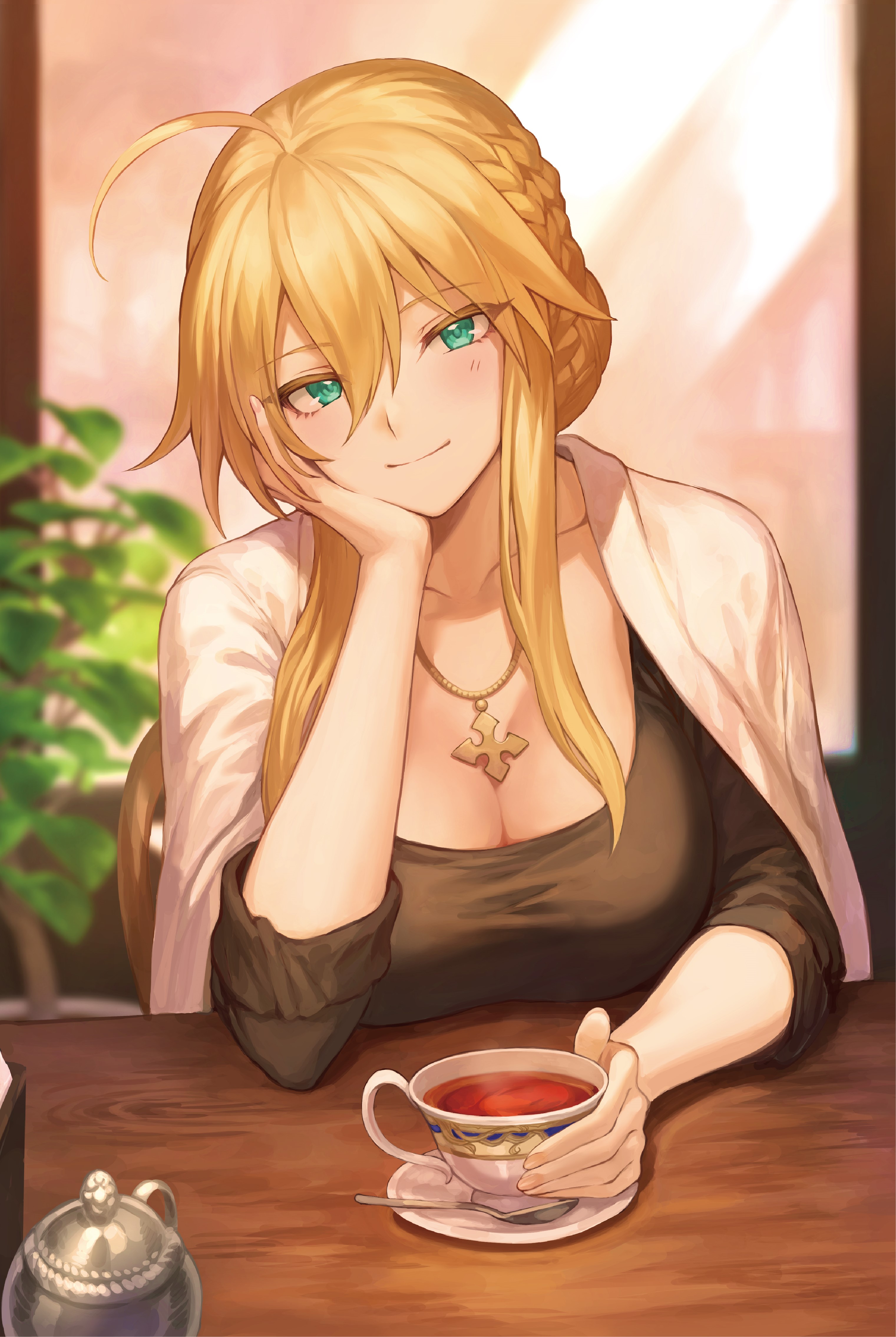 Artoria Pendragon (Lancer) drinking tea HD Phone Wallpaper