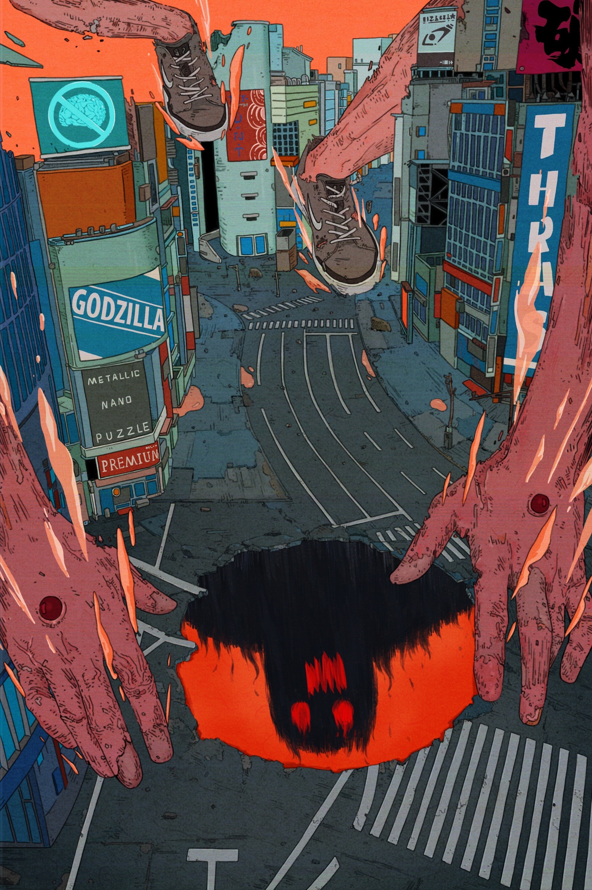 Giant hands and feet over a city street with a dark hole HD Phone Wallpaper