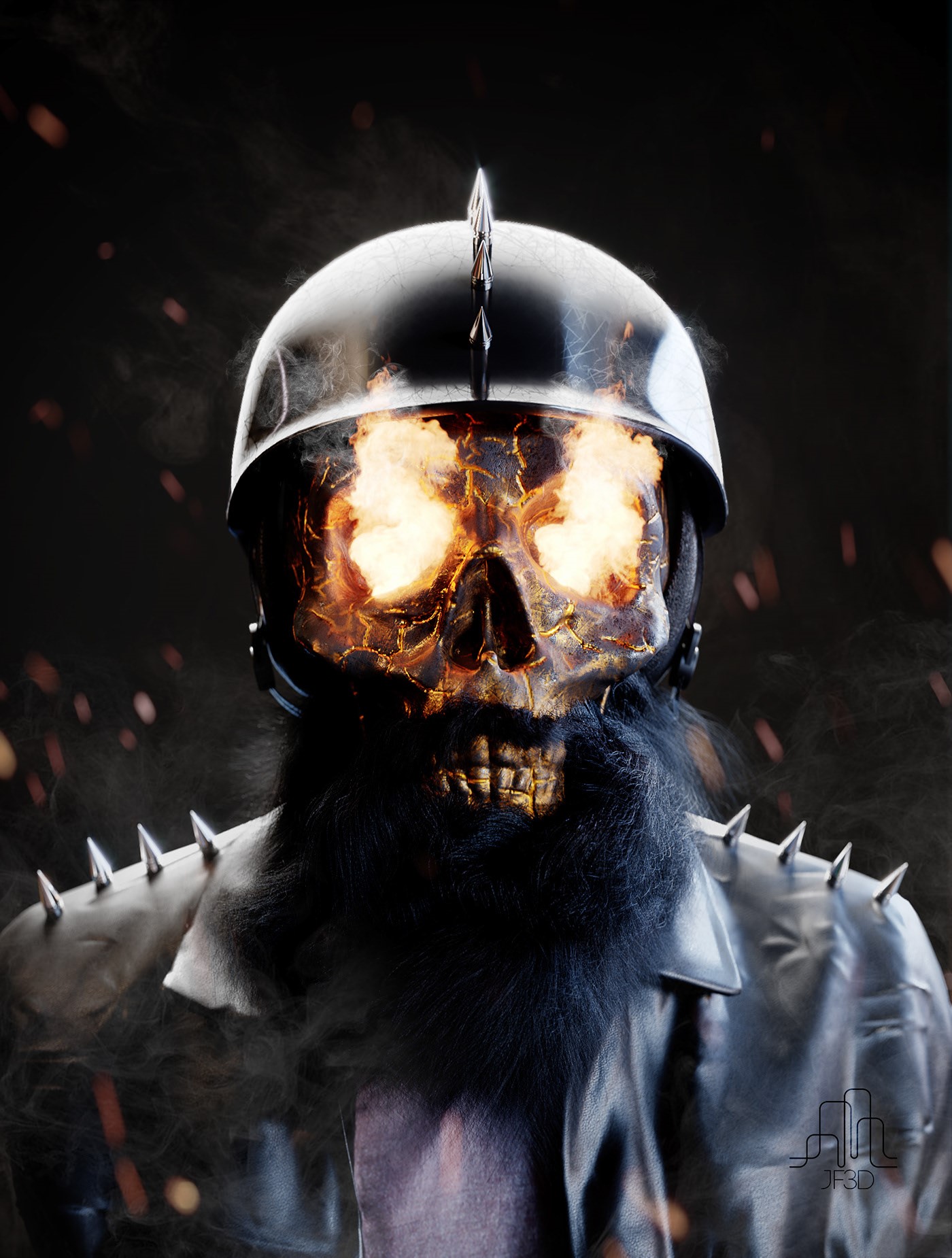 Skull with fiery eyes and beard wearing helmet HD Phone Wallpaper