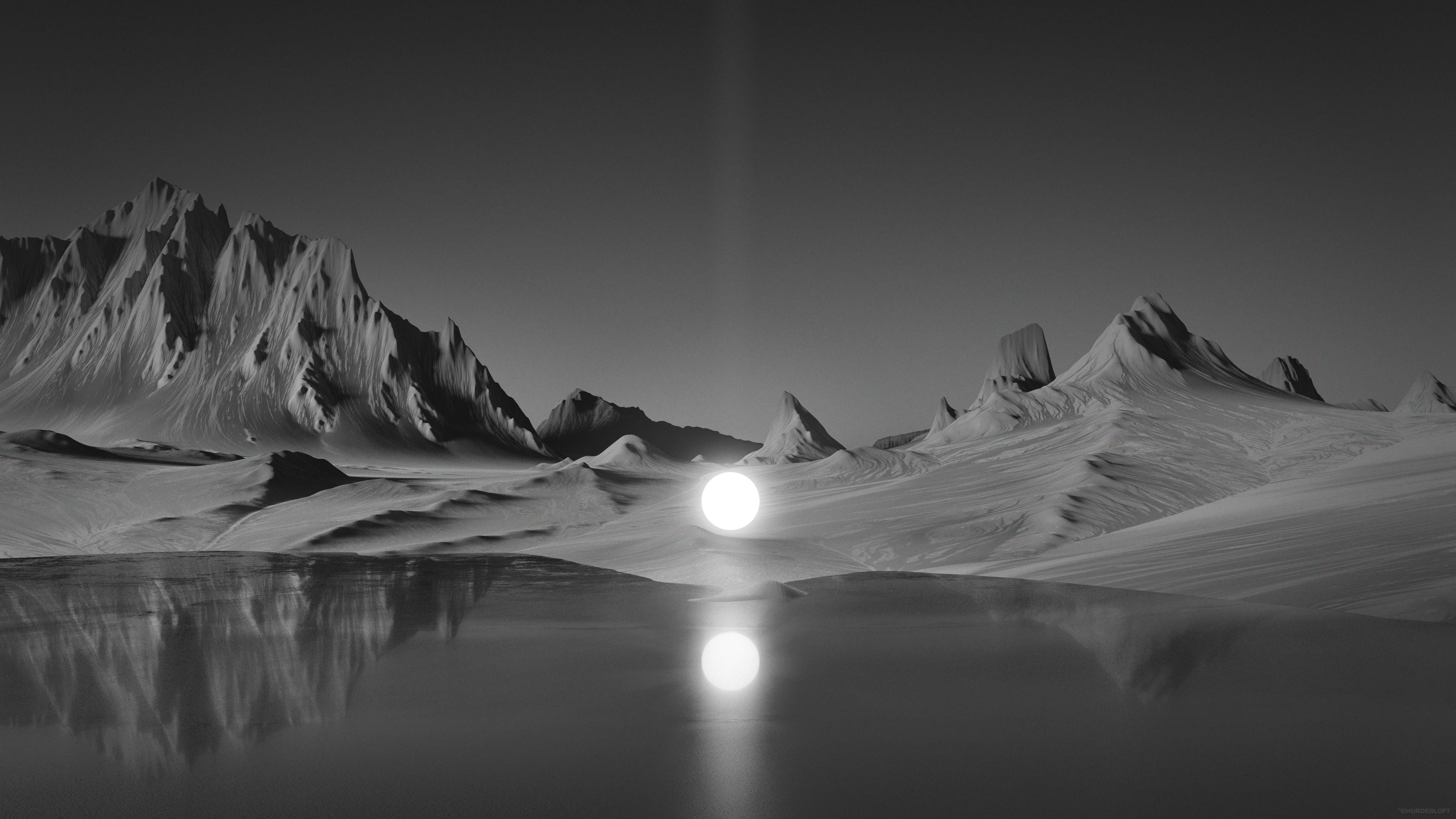 Monochrome Landscape with Glowing Orb and Mountain Reflection HD Wallpaper