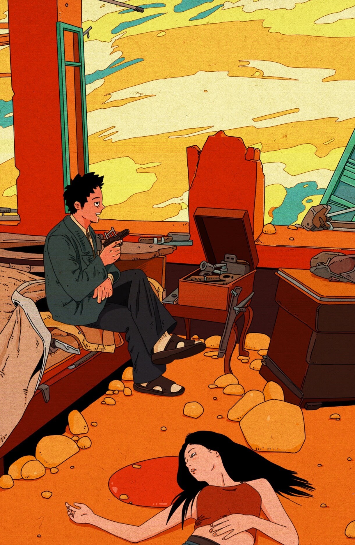 Man with gun sits by dead woman in ruined room HD Phone Wallpaper