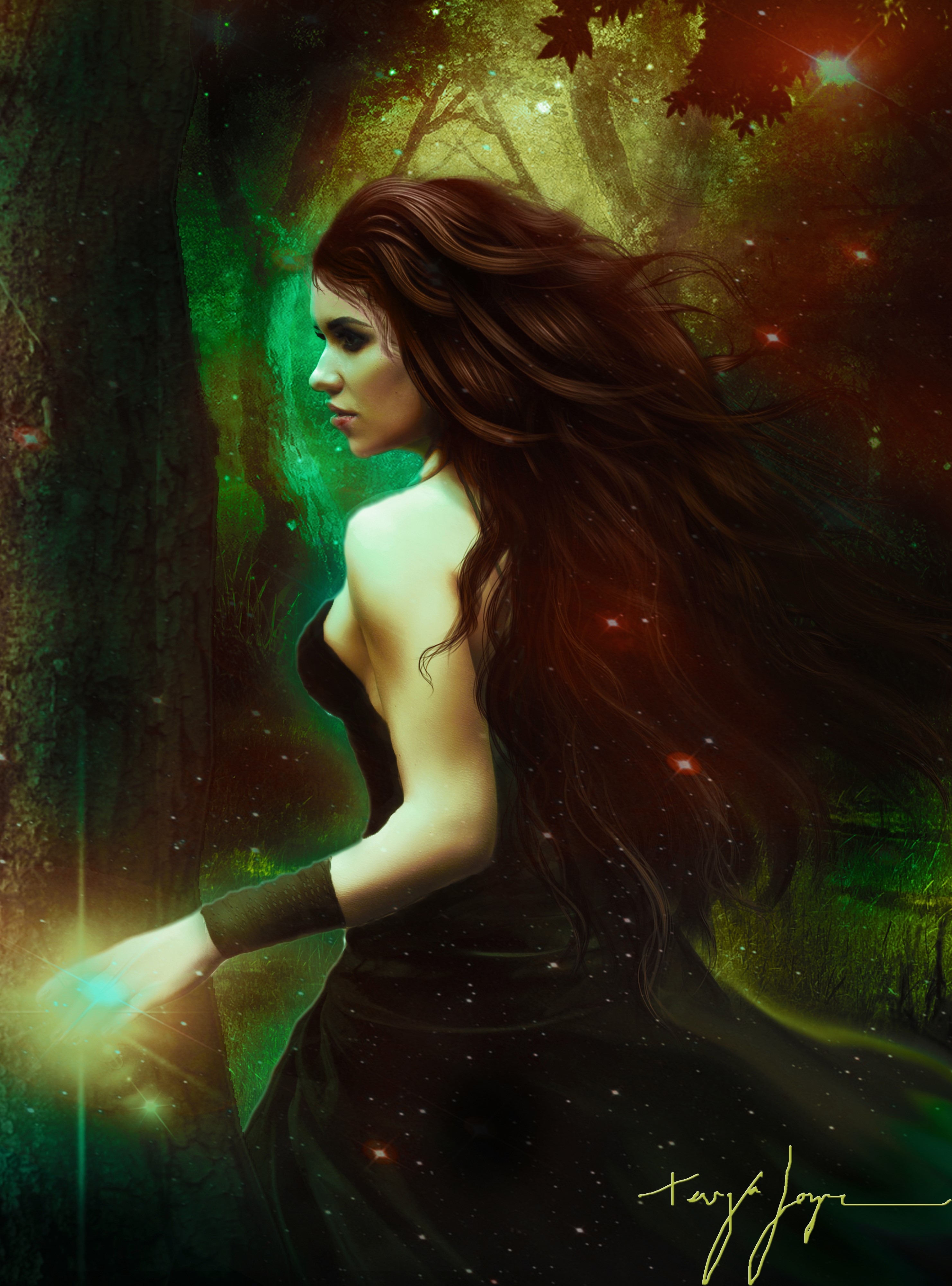 Redhead witch with long hair in a forest HD Phone Wallpaper